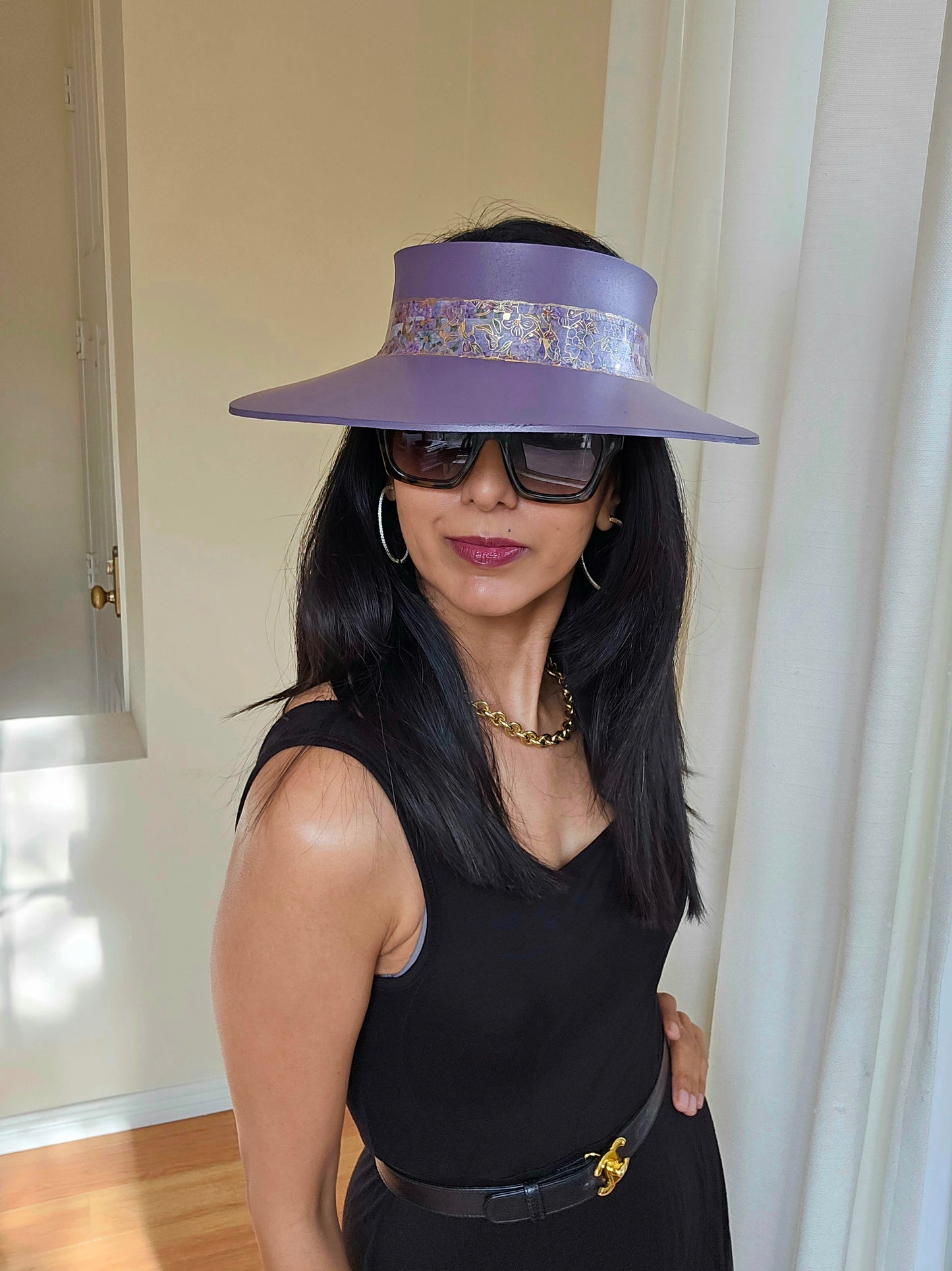 Purple "LadyEVA" Visor Hat with Golden Floral Band