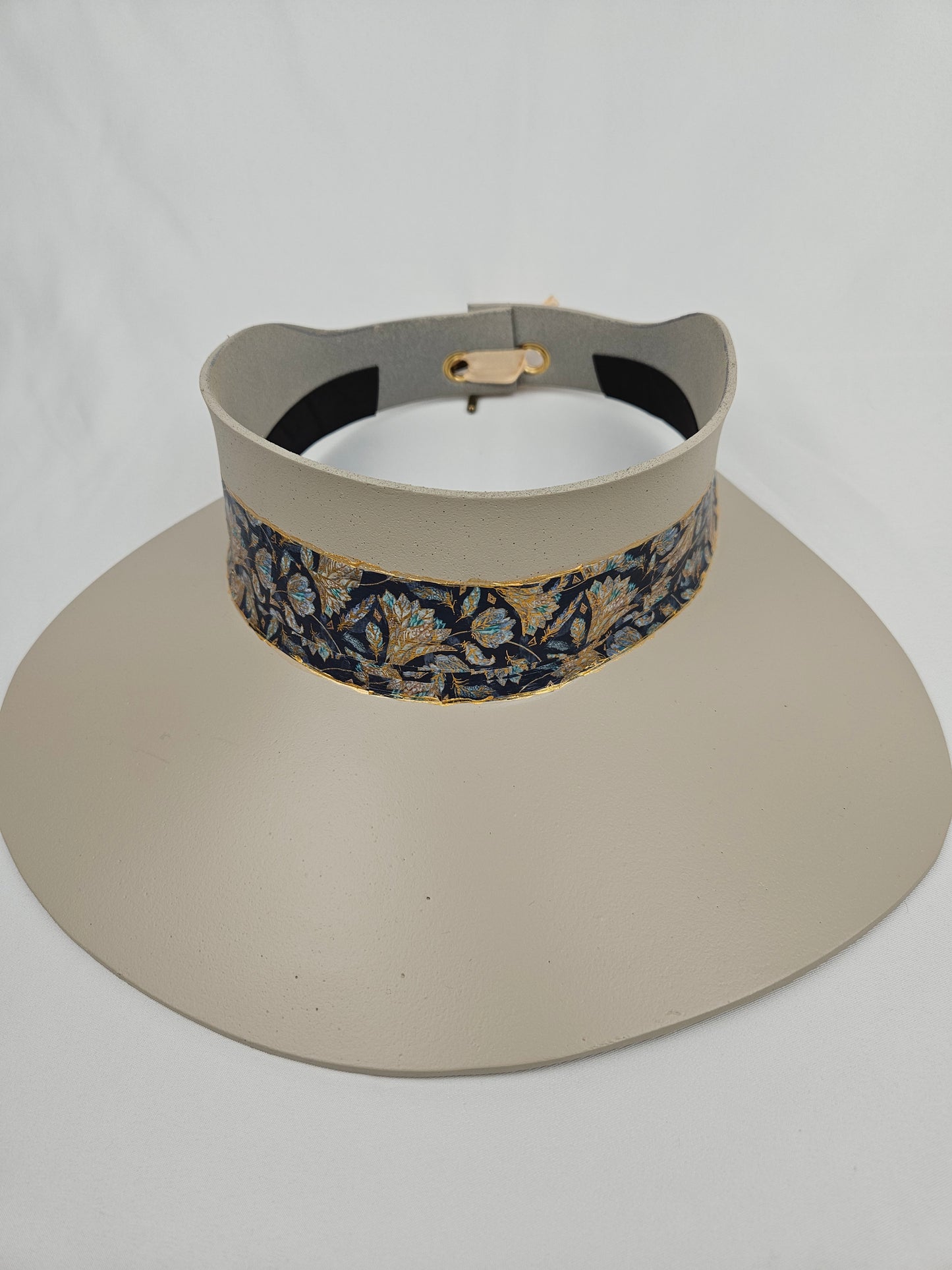 Taupe "LadyEVA" Visor Hat with Navy and Gold Floral Band