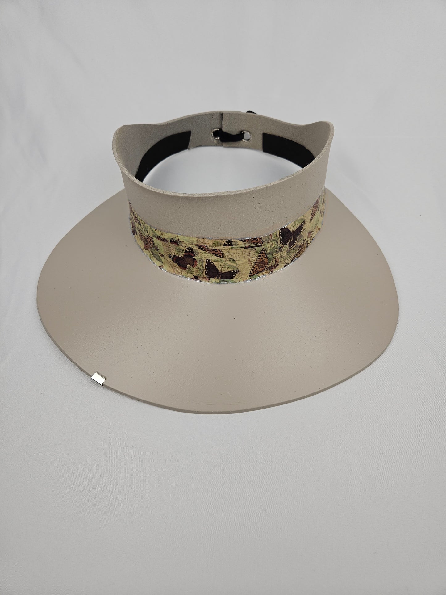 Tall Taupe "LadyEVA" Visor Hat with Neutral Butterfly Band and Silver Accent