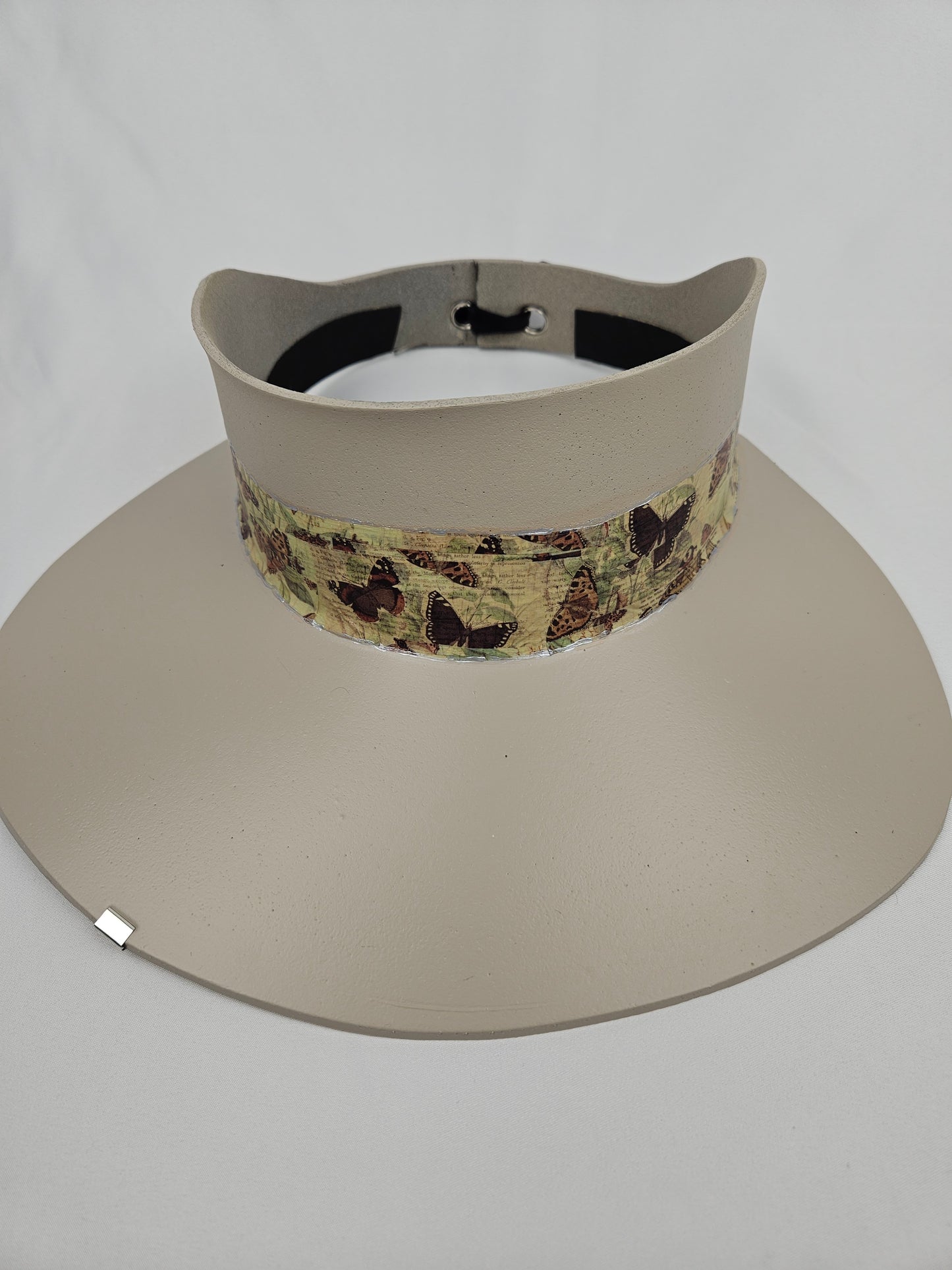 Tall Taupe "LadyEVA" Visor Hat with Neutral Butterfly Band and Silver Accent