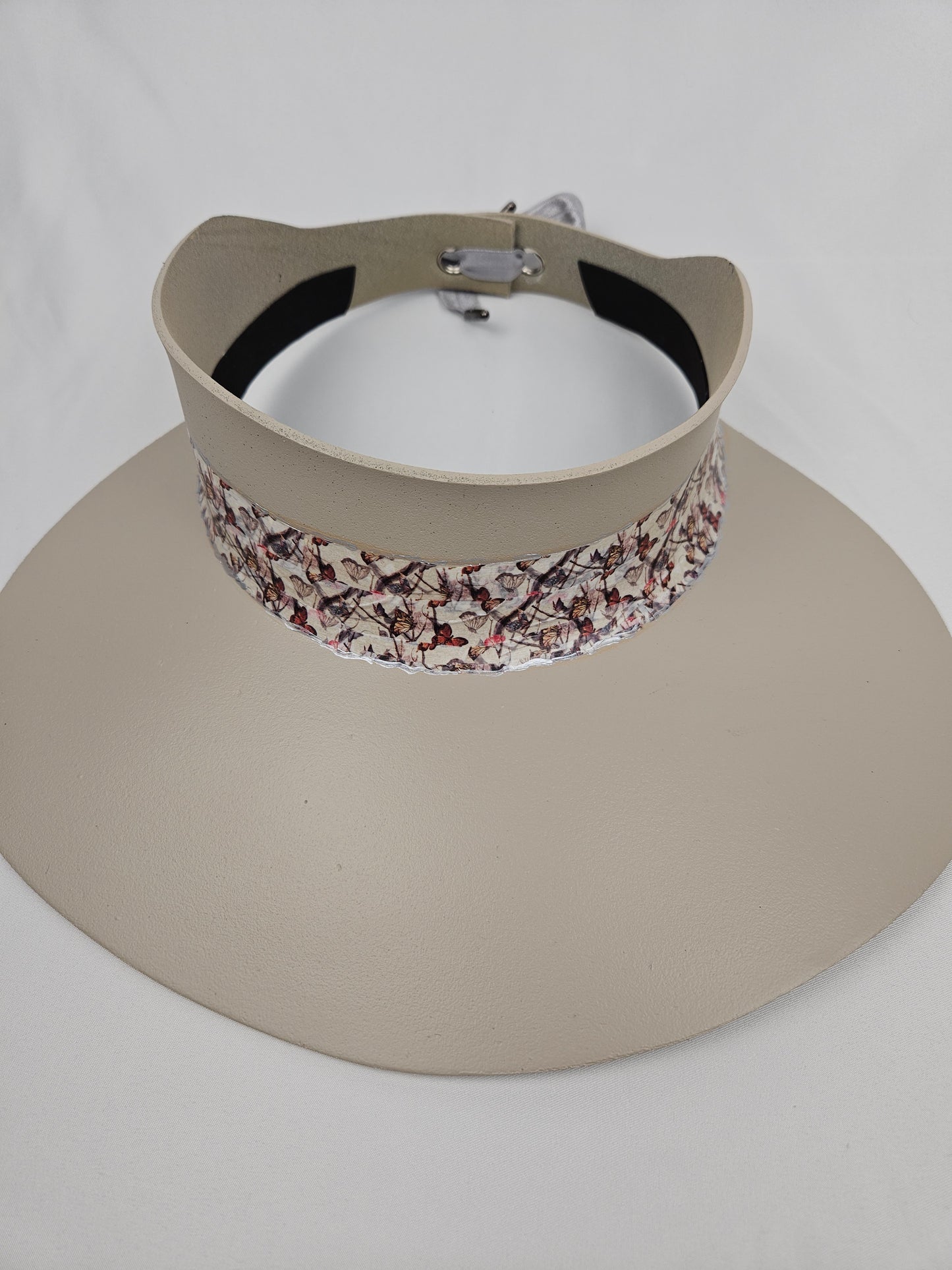 Taupe "LadyEVA" Visor Hat with Multicolor Butterfly Band