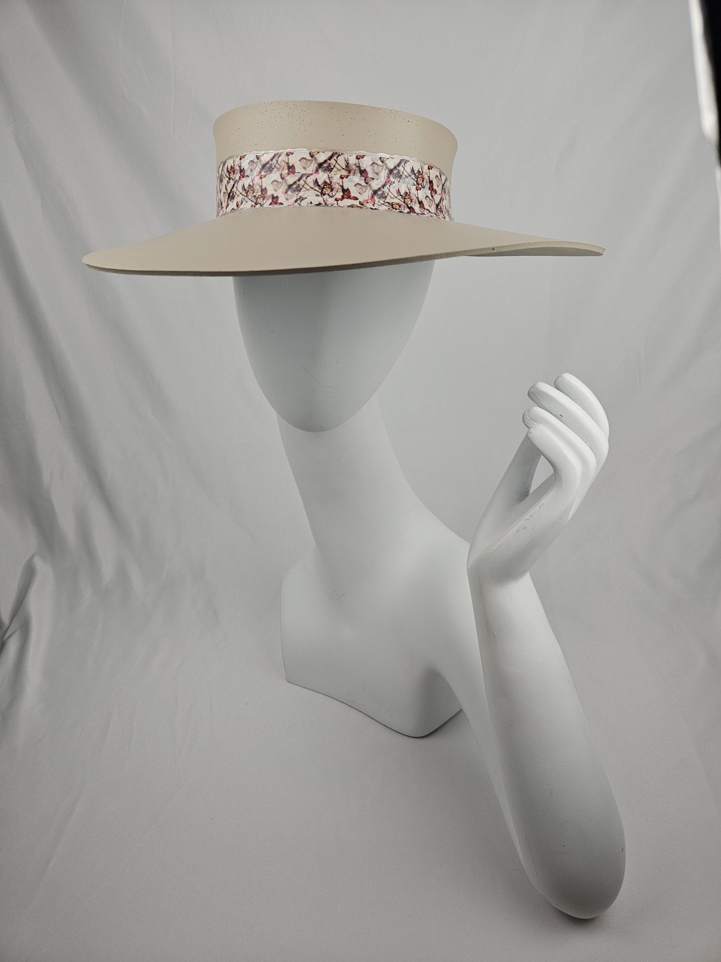 Taupe "LadyEVA" Visor Hat with Multicolor Butterfly Band