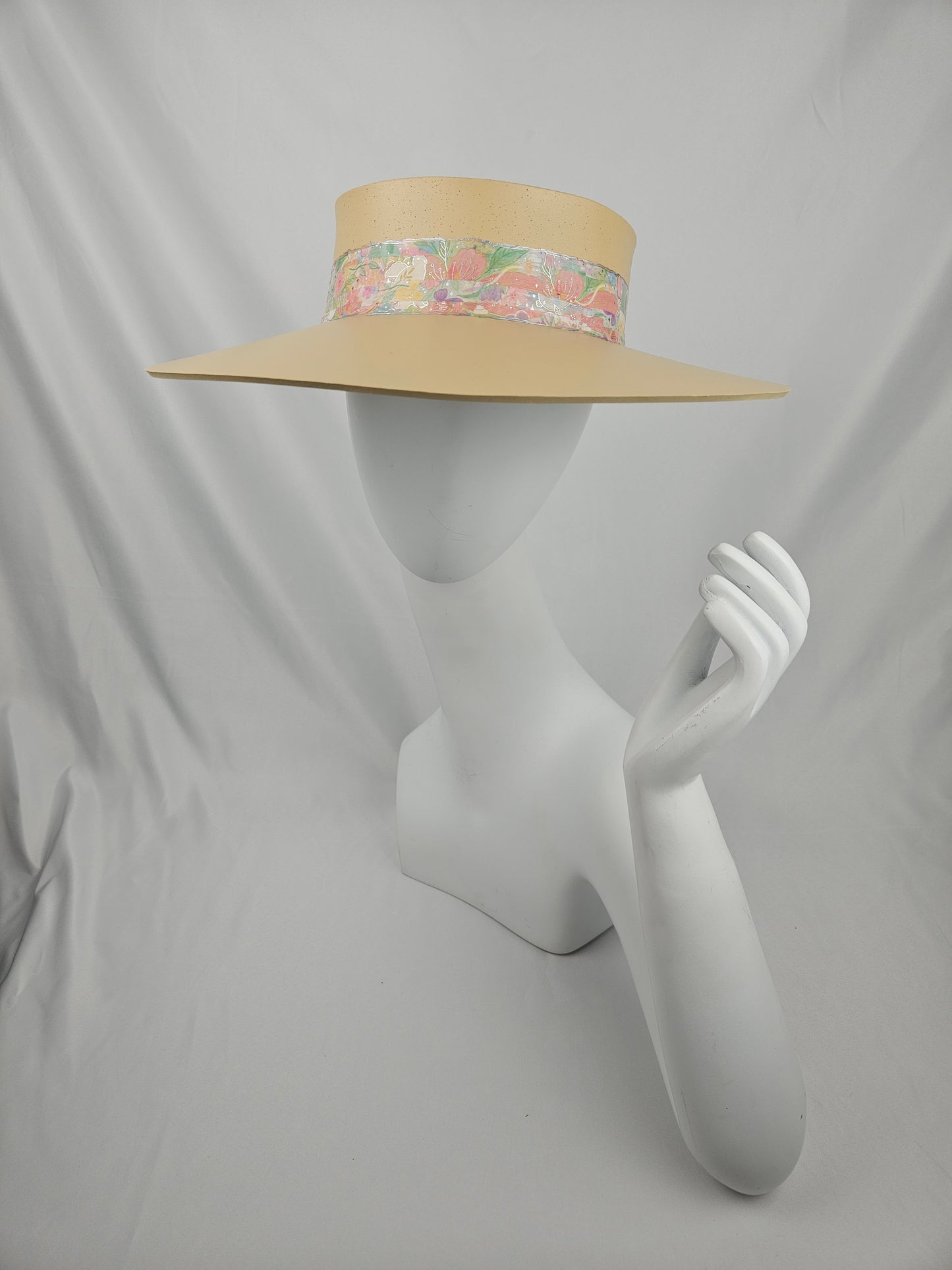 Beige "LadyEVA" Visor Hat with Bright Pastel Multicolor Floral Band