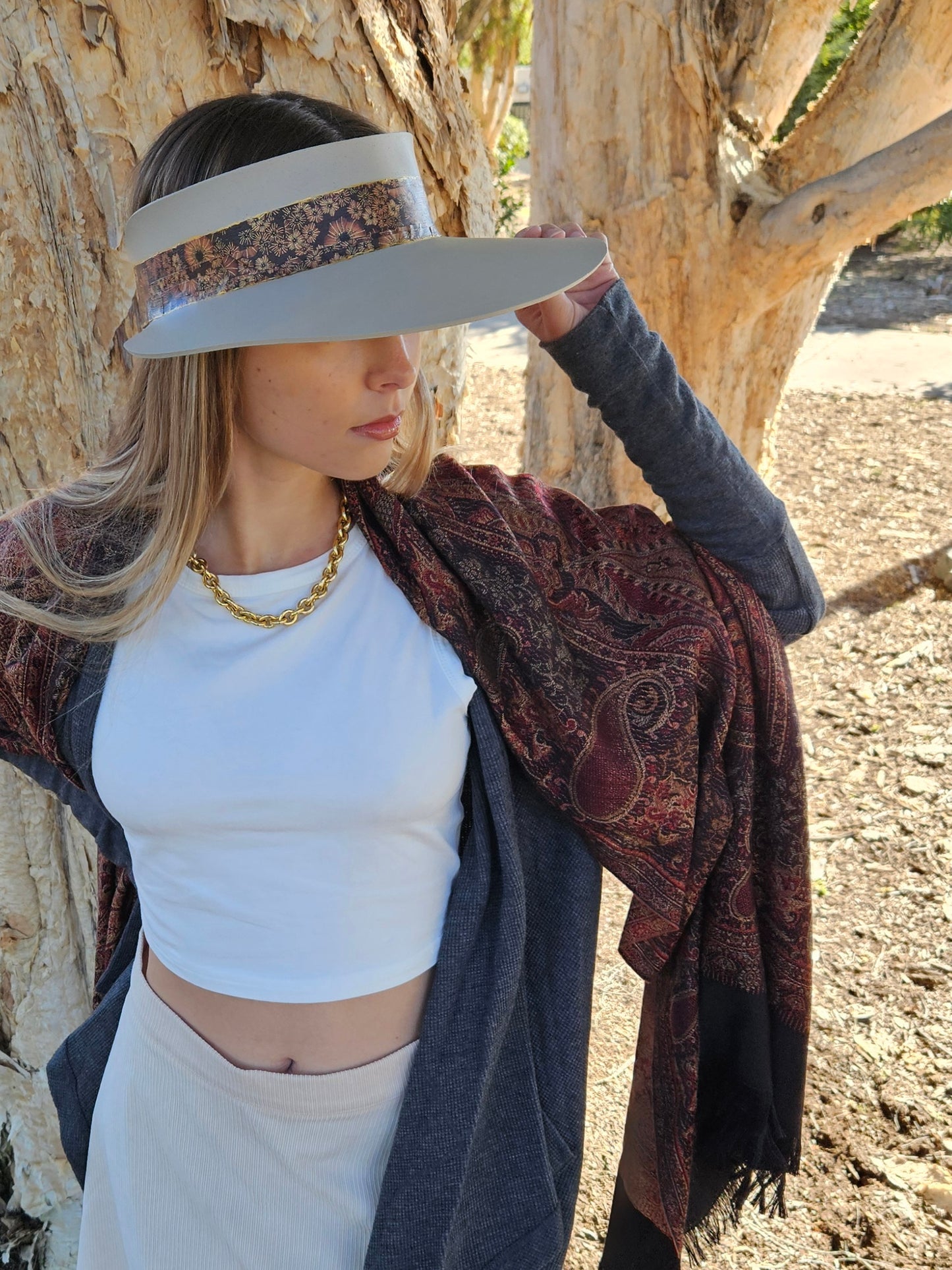 Taupe "LadyEVA" Visor Hat with Warm Brown and Rust Floral Band