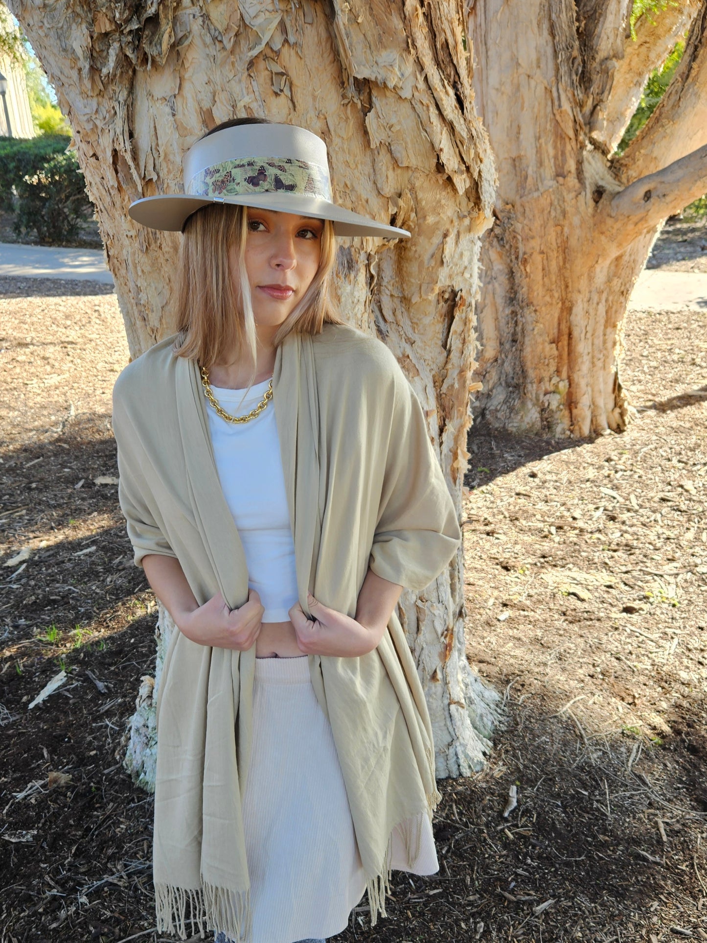 Tall Taupe "LadyEVA" Visor Hat with Neutral Butterfly Band and Silver Accent