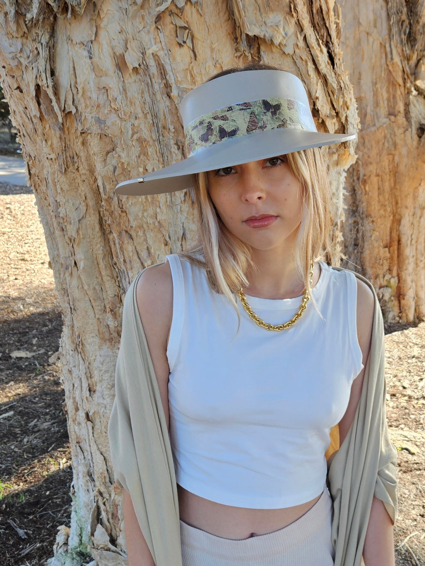 Tall Taupe "LadyEVA" Visor Hat with Neutral Butterfly Band and Silver Accent