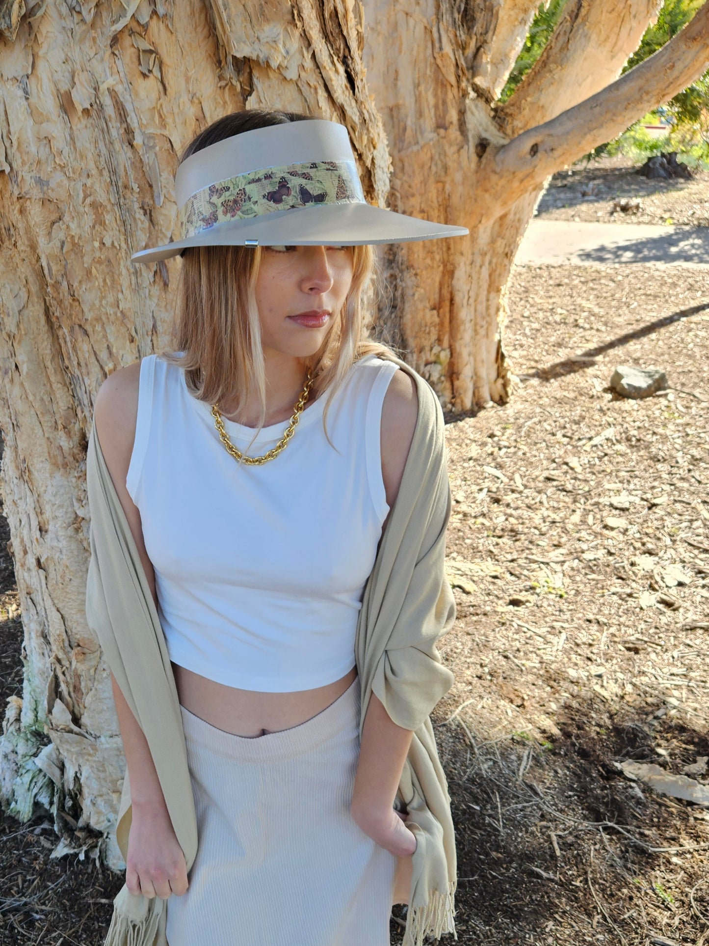 Tall Taupe "LadyEVA" Visor Hat with Neutral Butterfly Band and Silver Accent