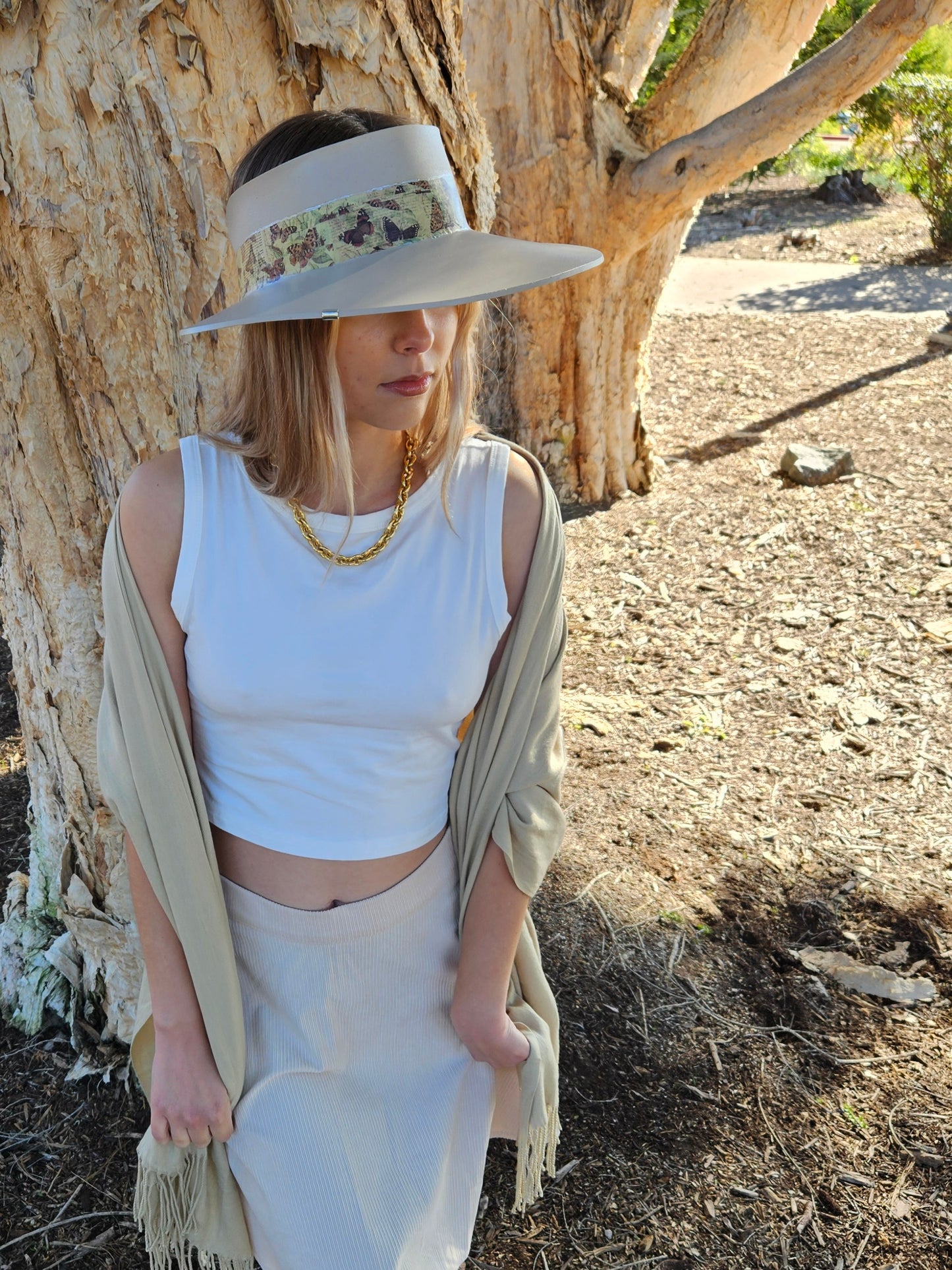 Tall Taupe "LadyEVA" Visor Hat with Neutral Butterfly Band and Silver Accent