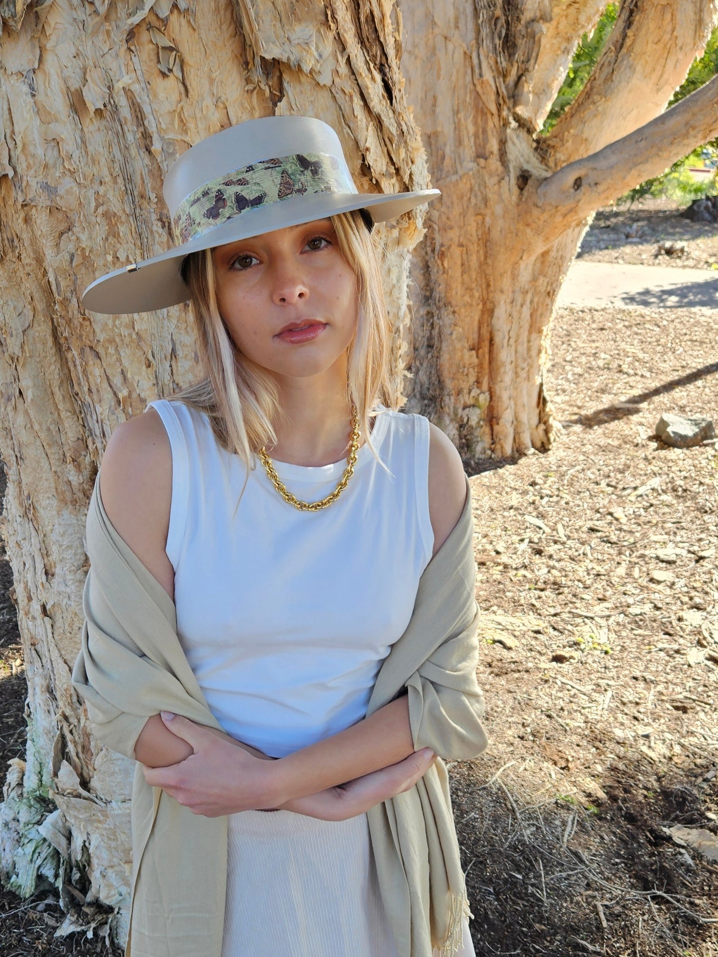 Tall Taupe "LadyEVA" Visor Hat with Neutral Butterfly Band and Silver Accent