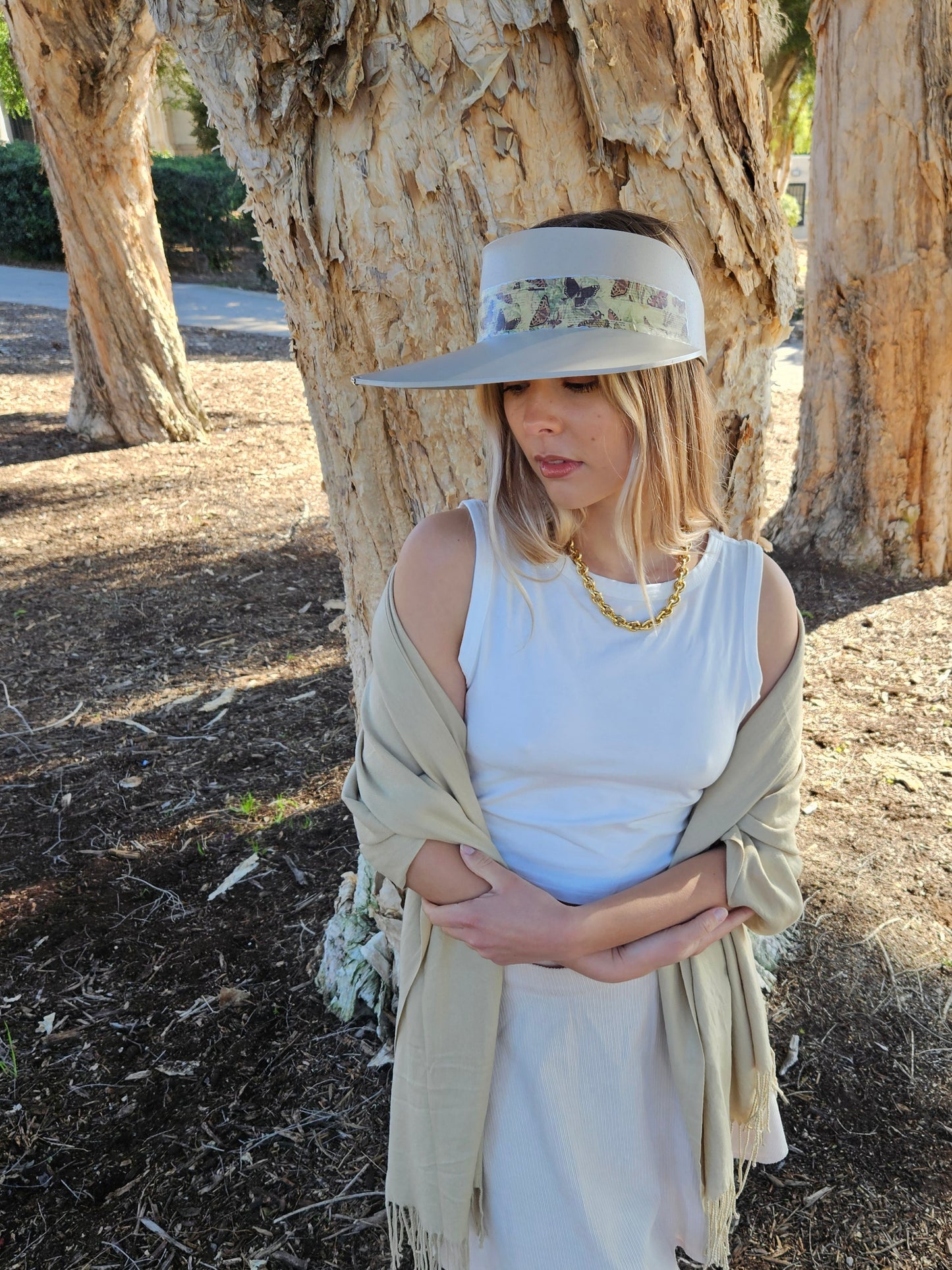 Tall Taupe "LadyEVA" Visor Hat with Neutral Butterfly Band and Silver Accent