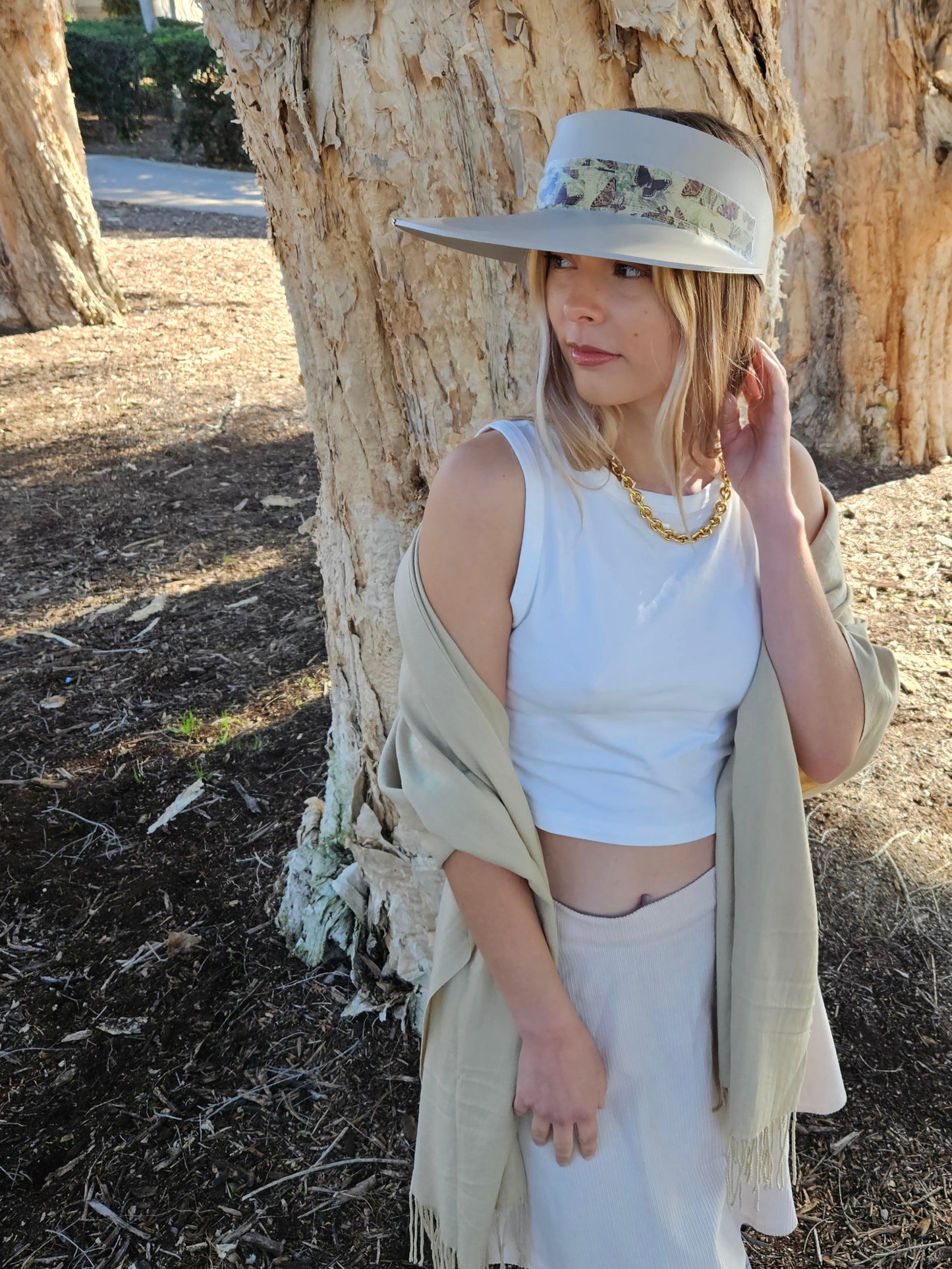 Tall Taupe "LadyEVA" Visor Hat with Neutral Butterfly Band and Silver Accent