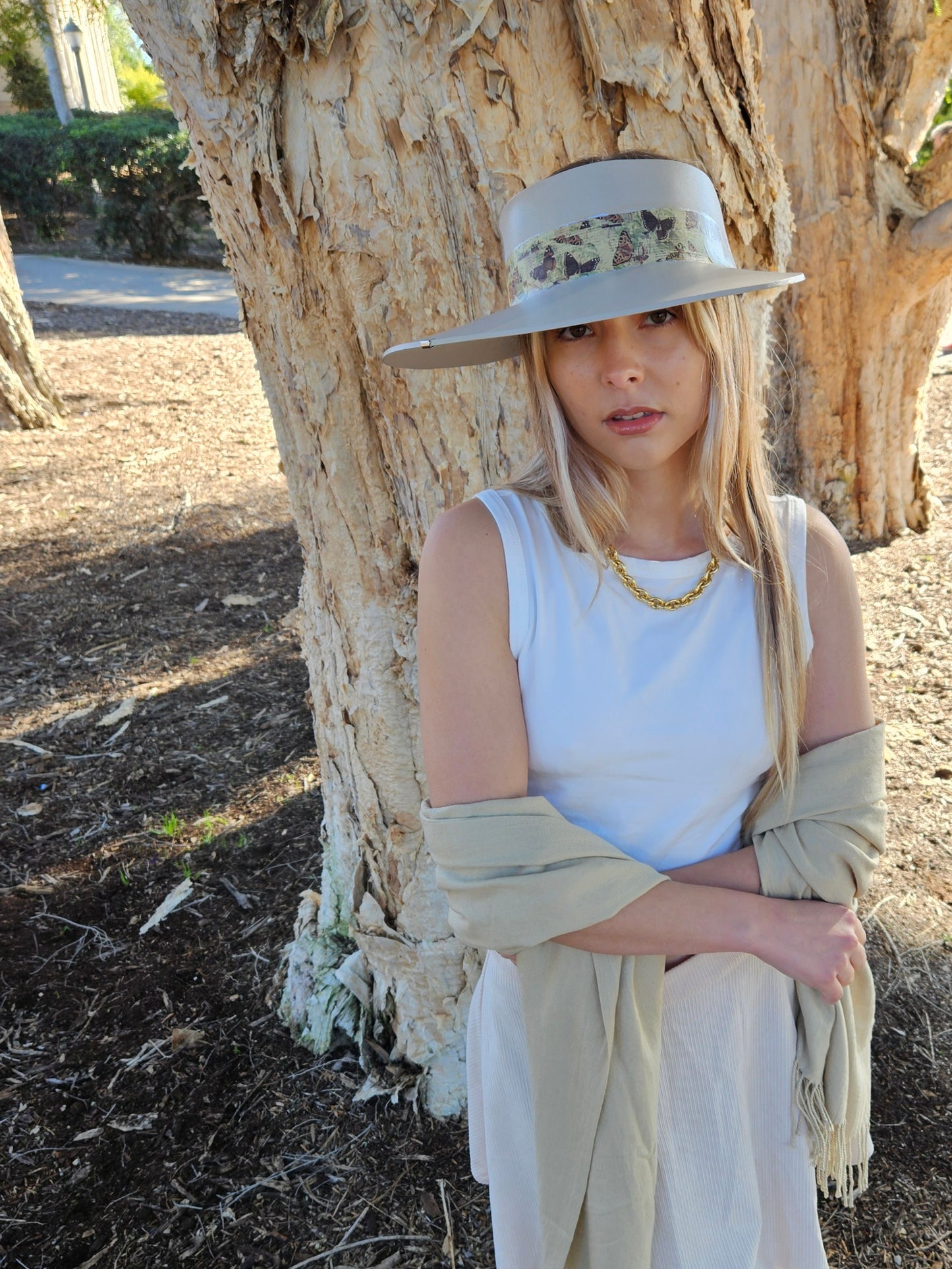 Tall Taupe "LadyEVA" Visor Hat with Neutral Butterfly Band and Silver Accent