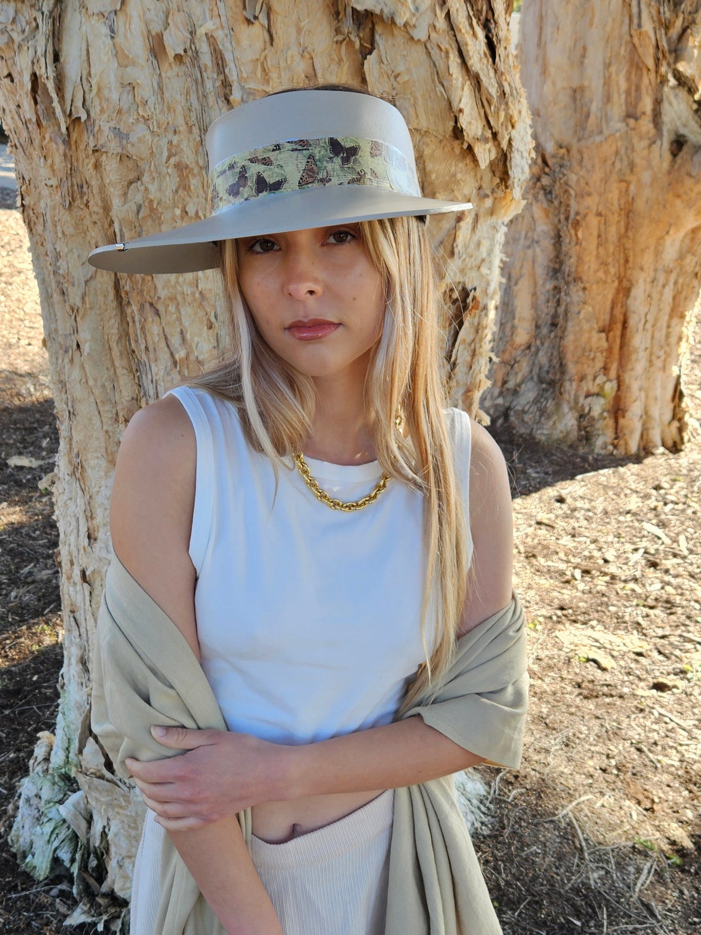 Tall Taupe "LadyEVA" Visor Hat with Neutral Butterfly Band and Silver Accent