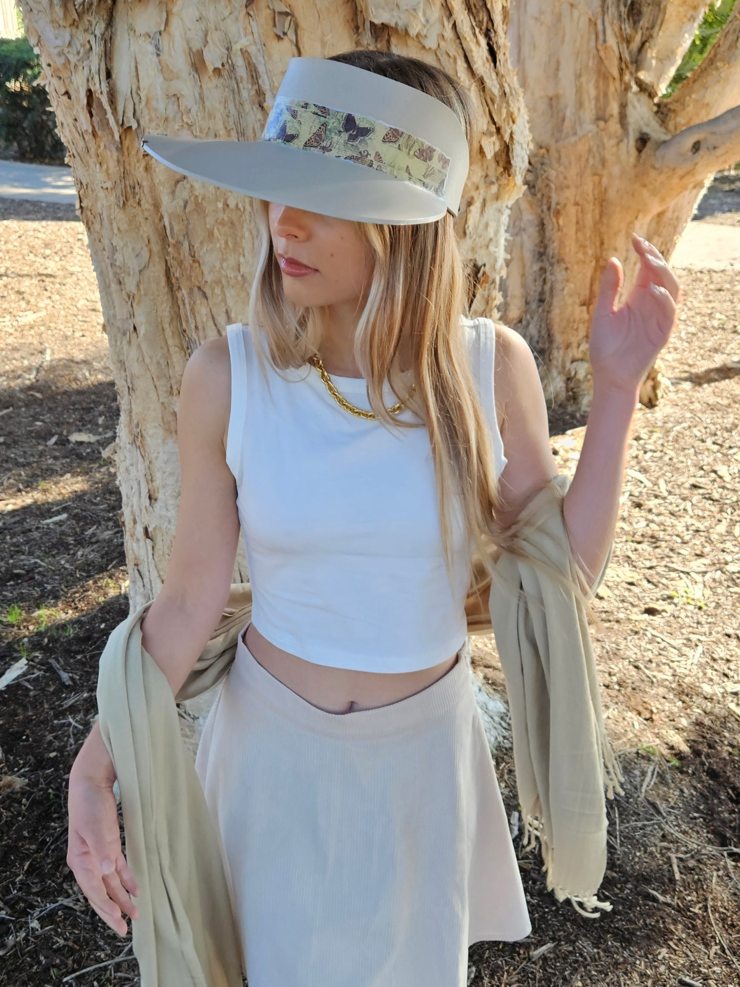 Tall Taupe "LadyEVA" Visor Hat with Neutral Butterfly Band and Silver Accent