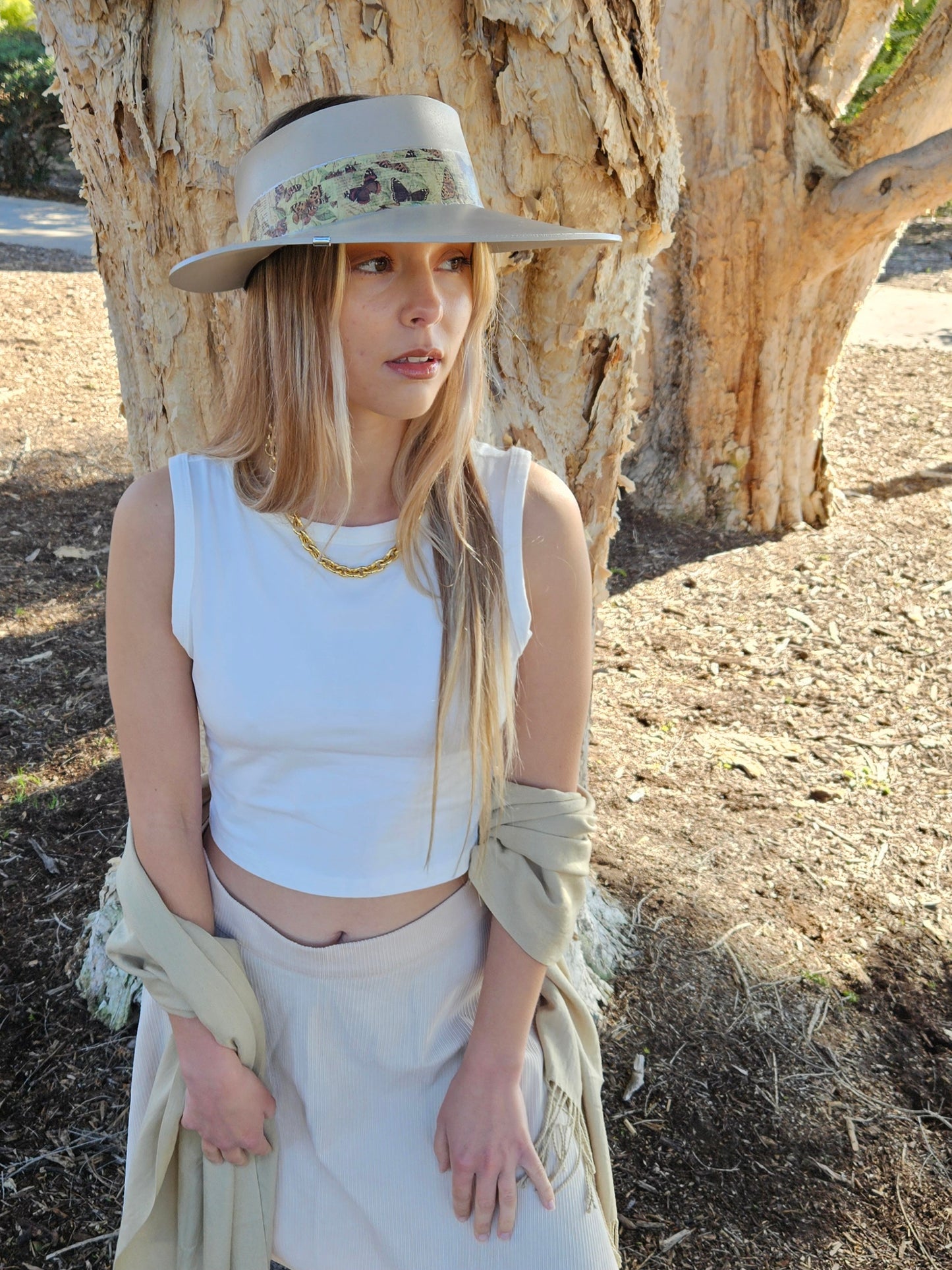 Tall Taupe "LadyEVA" Visor Hat with Neutral Butterfly Band and Silver Accent