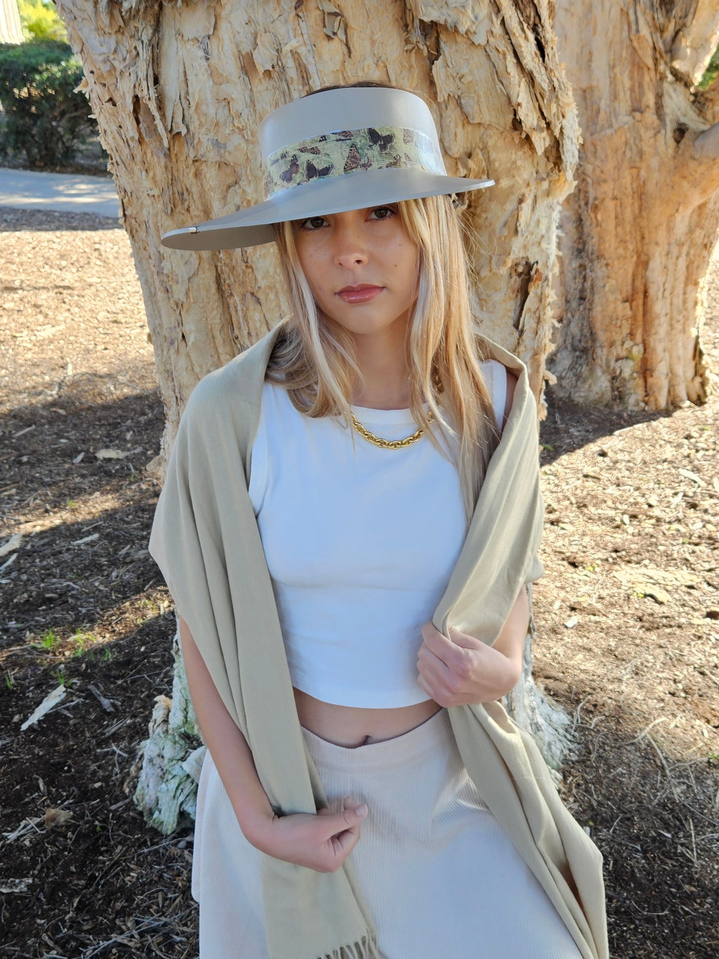 Tall Taupe "LadyEVA" Visor Hat with Neutral Butterfly Band and Silver Accent