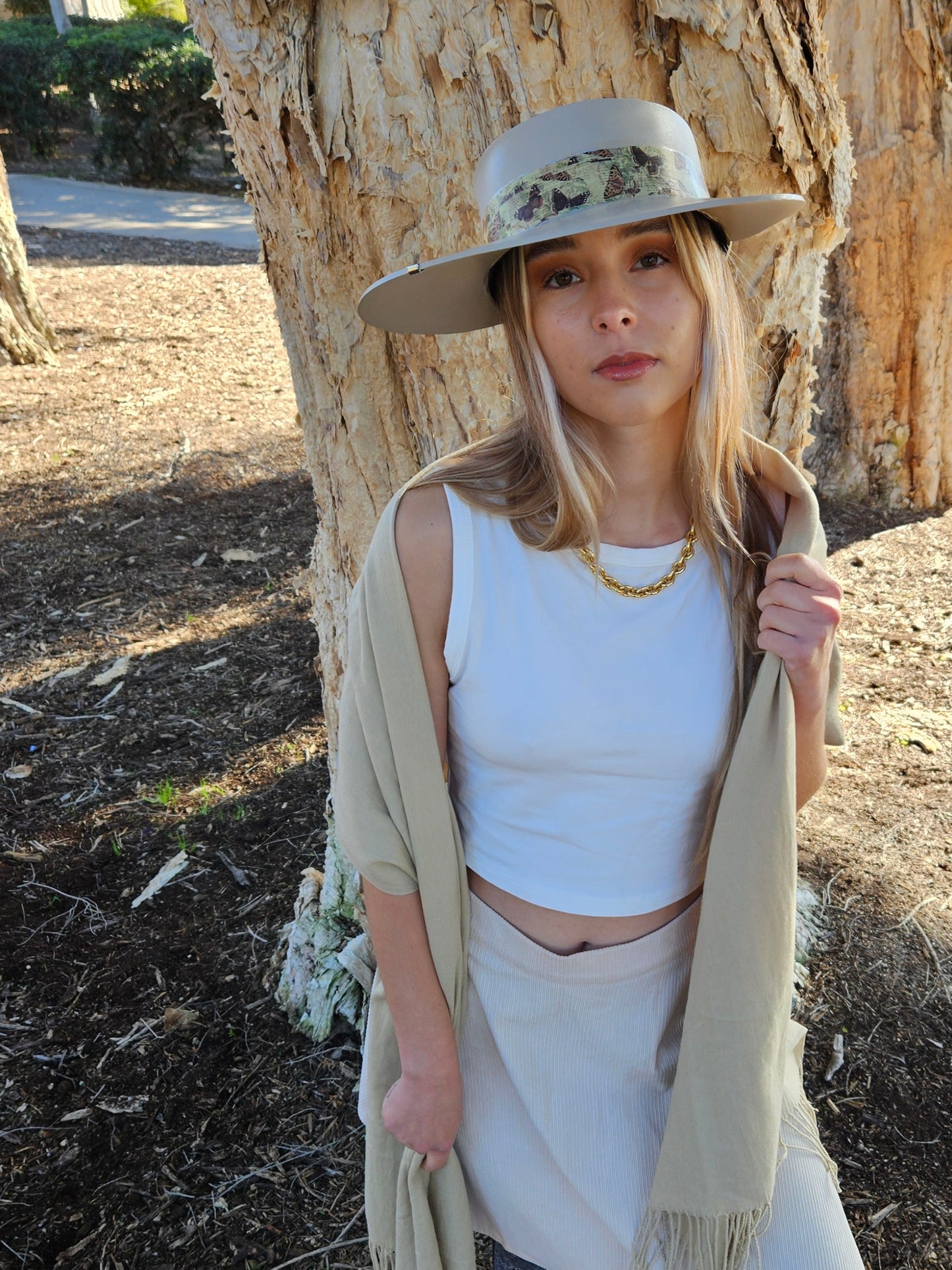 Tall Taupe "LadyEVA" Visor Hat with Neutral Butterfly Band and Silver Accent