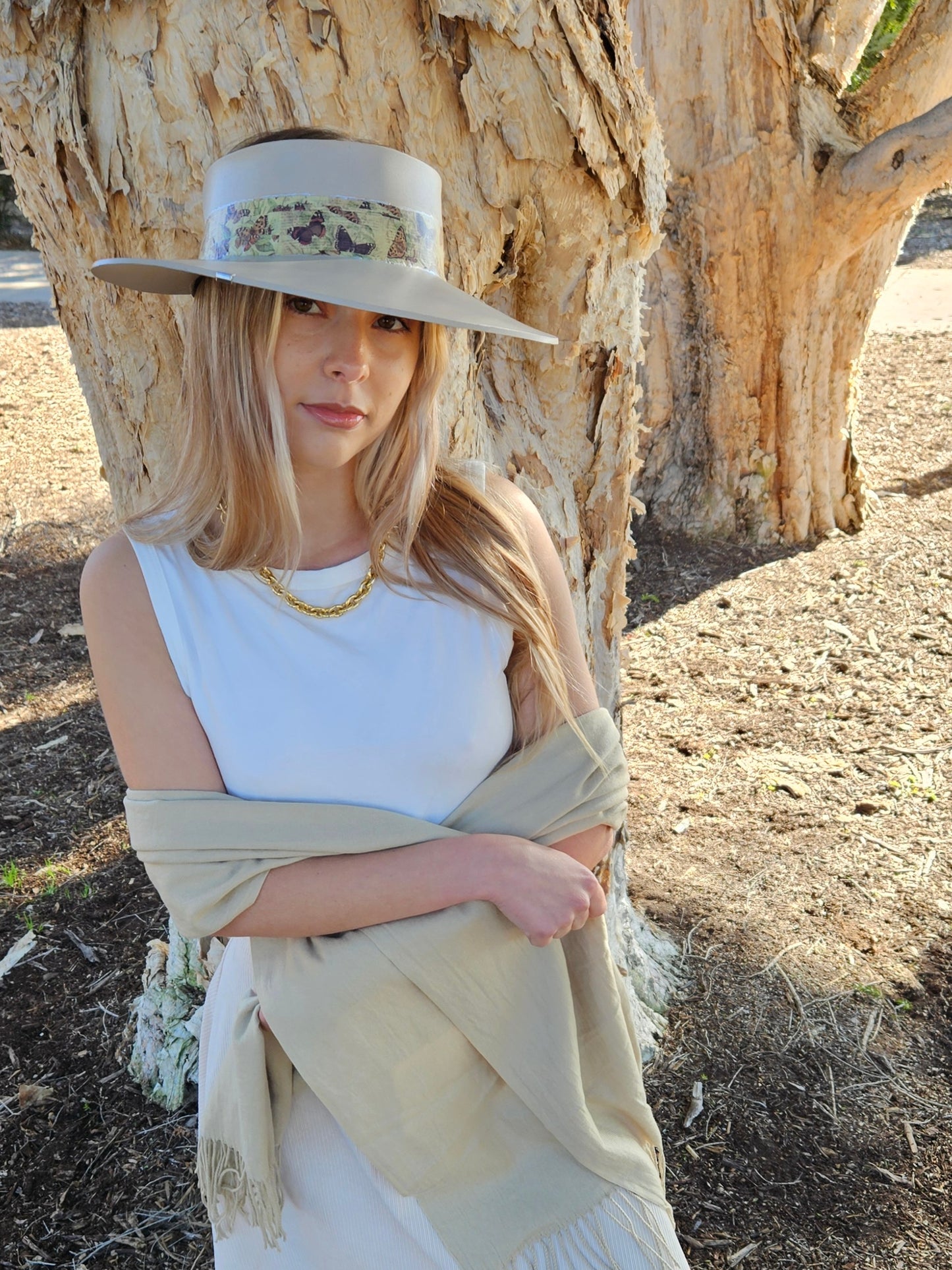 Tall Taupe "LadyEVA" Visor Hat with Neutral Butterfly Band and Silver Accent