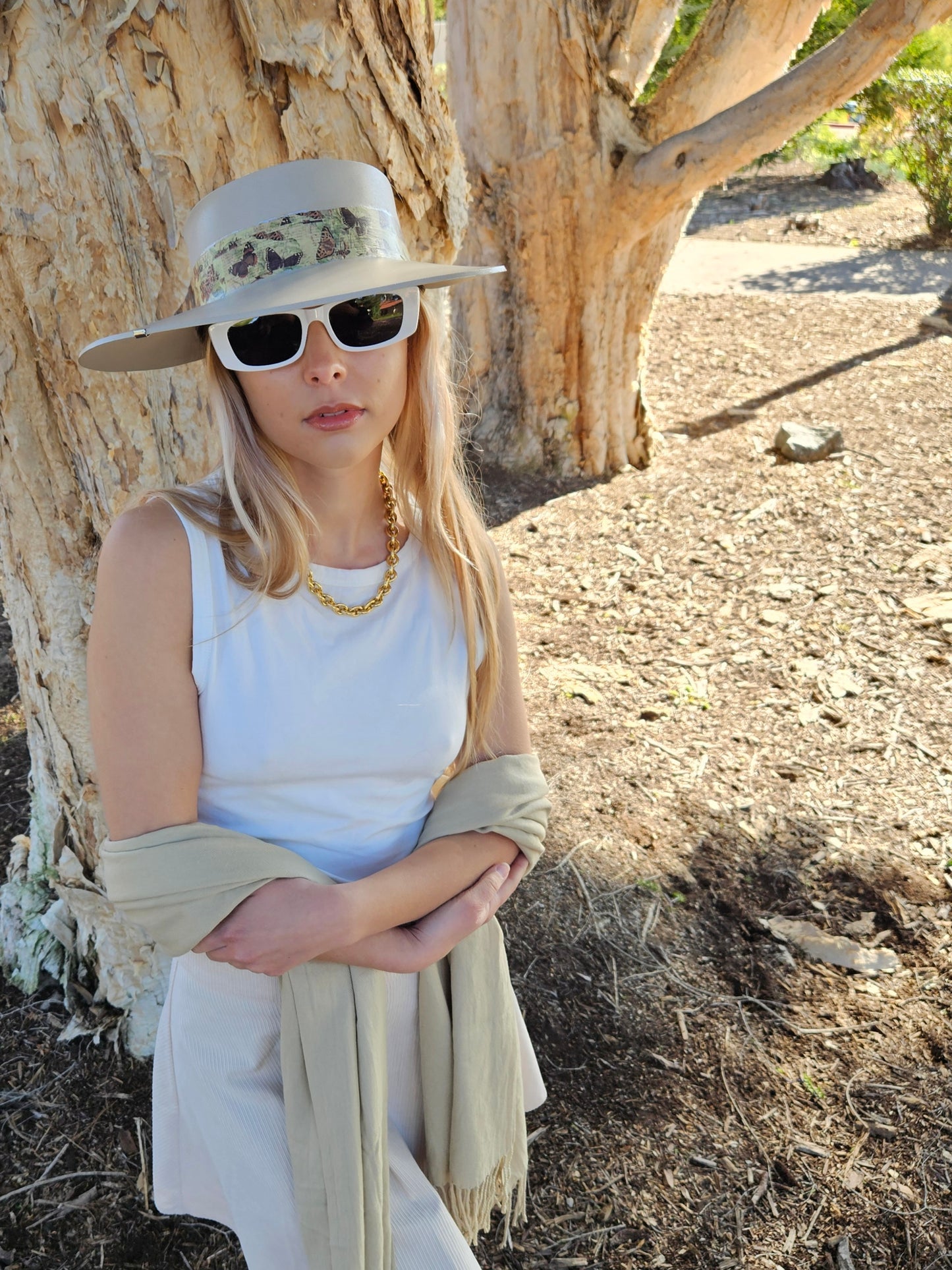 Tall Taupe "LadyEVA" Visor Hat with Neutral Butterfly Band and Silver Accent