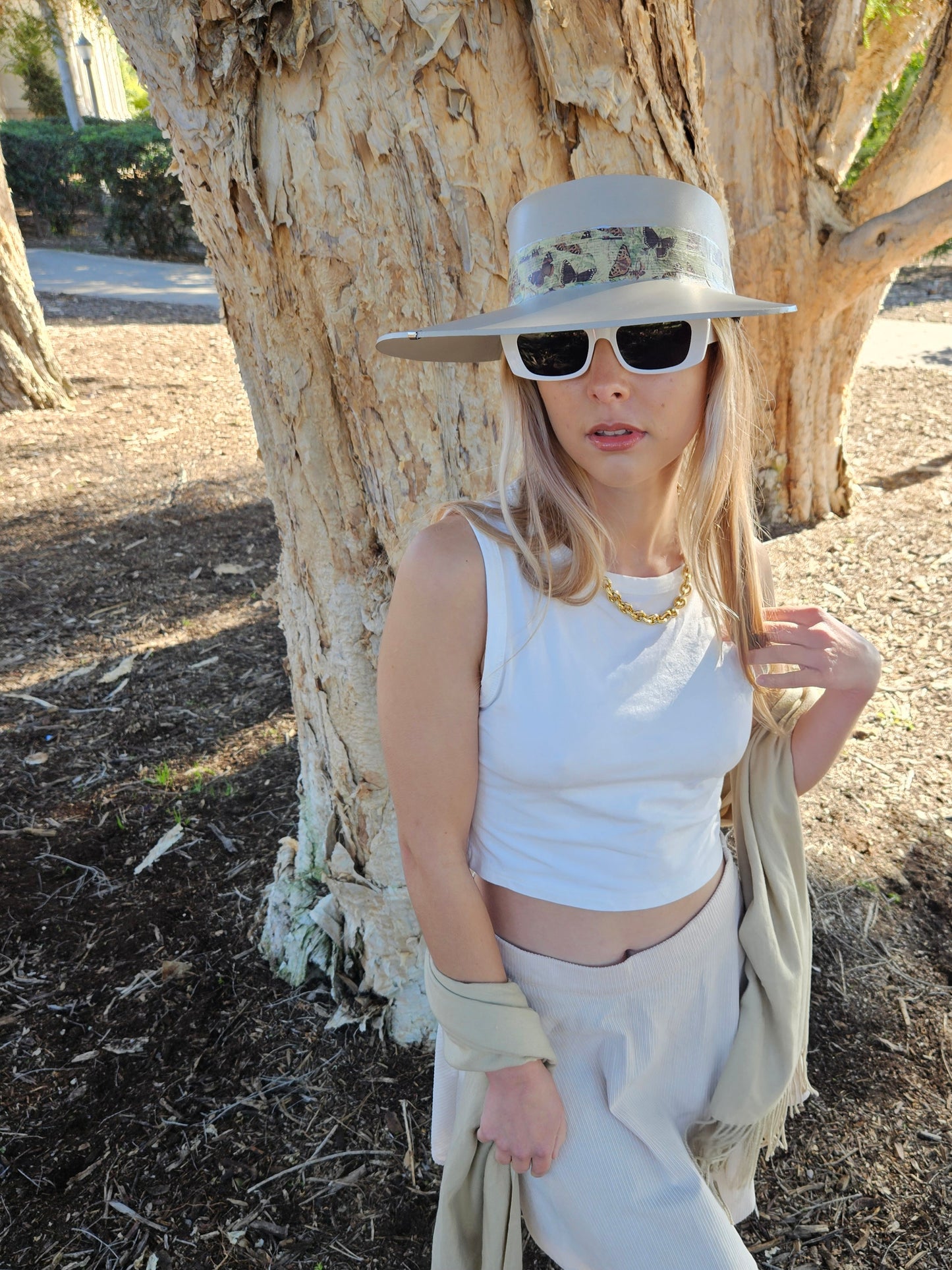 Tall Taupe "LadyEVA" Visor Hat with Neutral Butterfly Band and Silver Accent