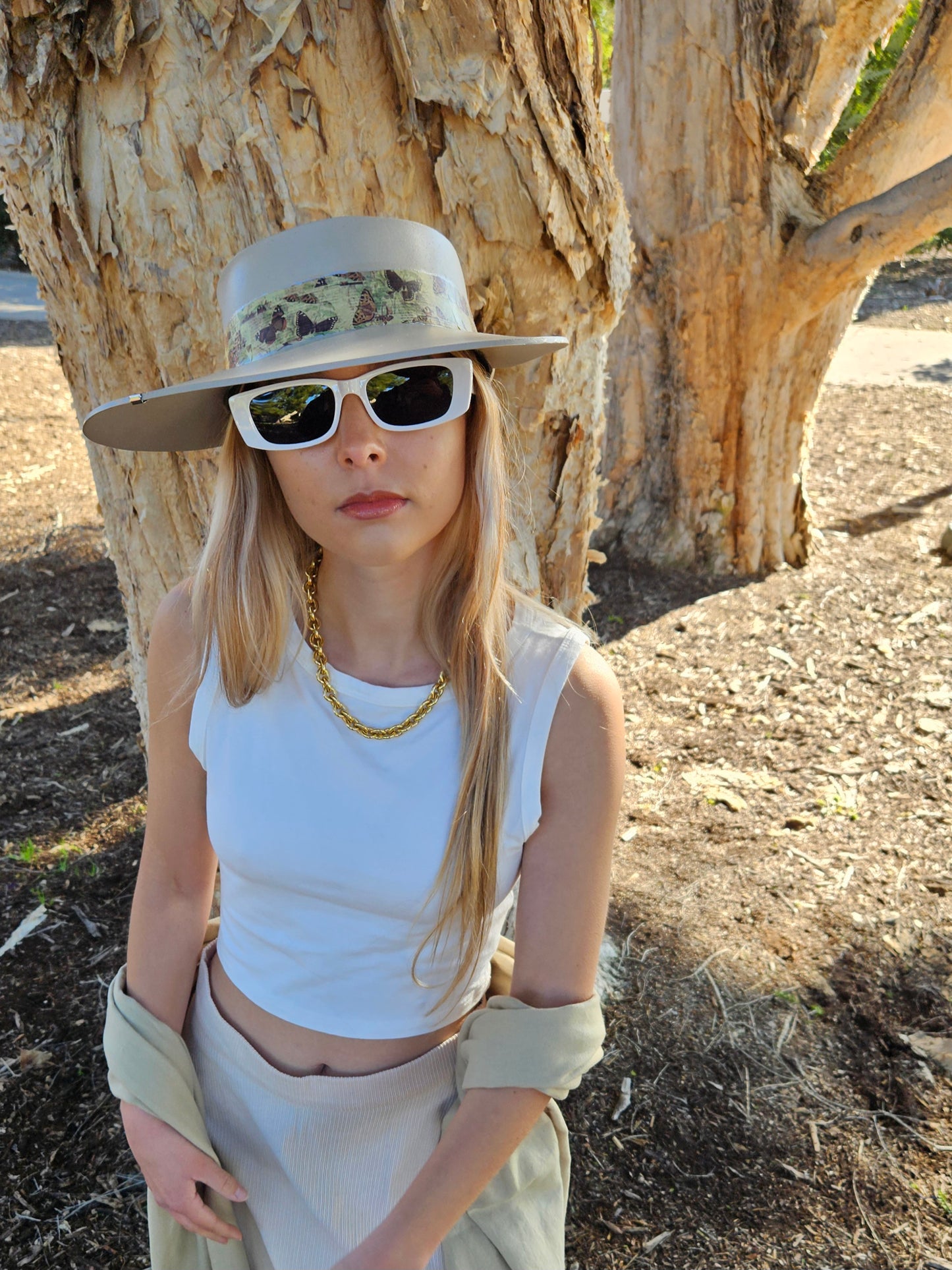 Tall Taupe "LadyEVA" Visor Hat with Neutral Butterfly Band and Silver Accent