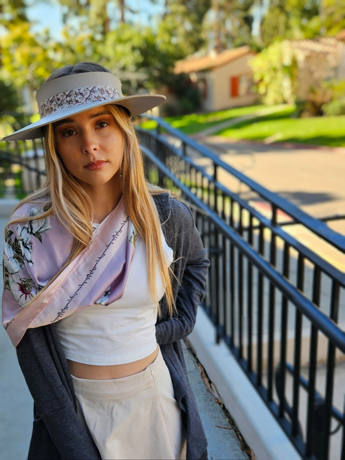 Taupe "LadyEVA" Visor Hat with Multicolor Butterfly Band