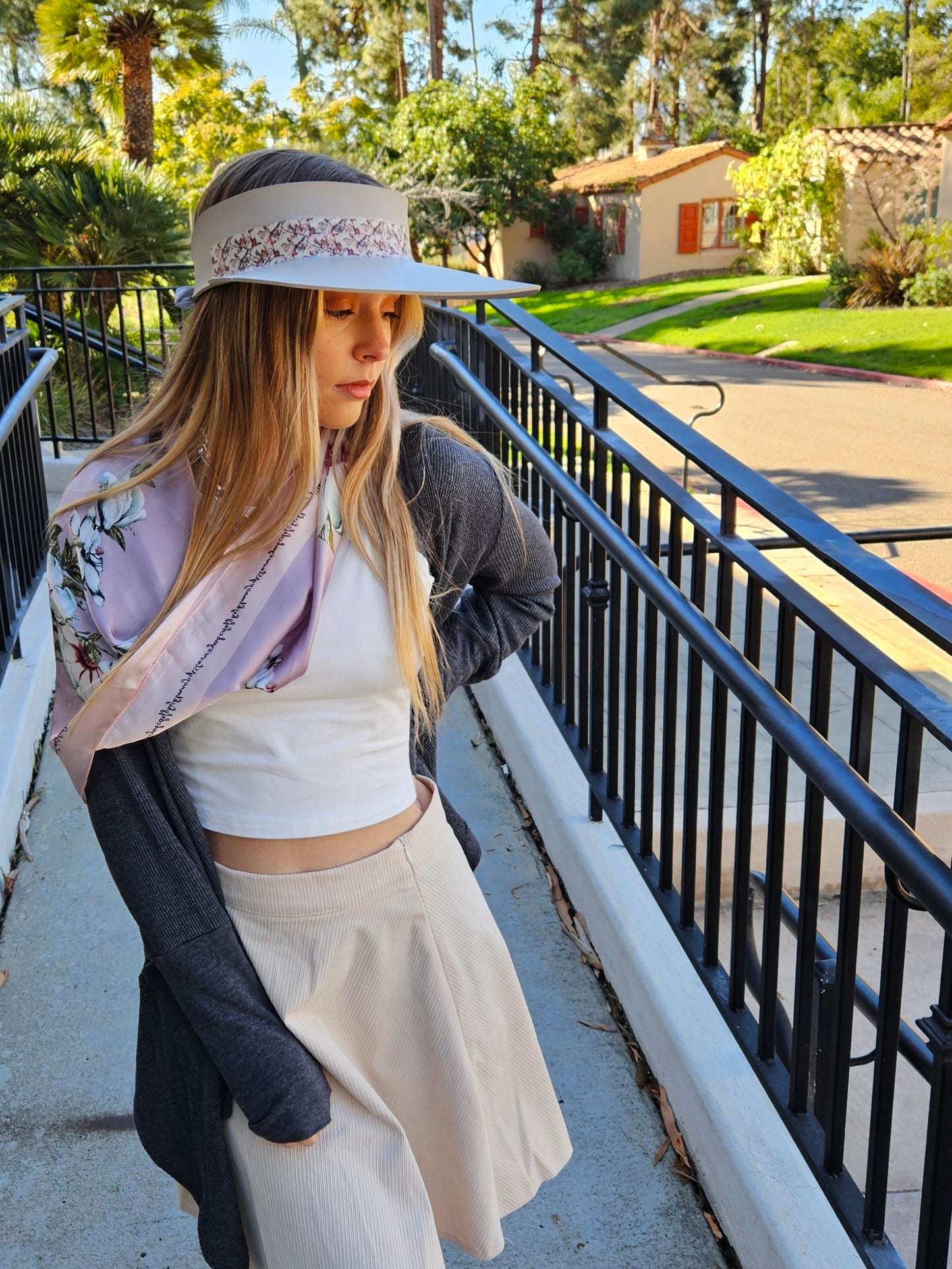 Taupe "LadyEVA" Visor Hat with Multicolor Butterfly Band