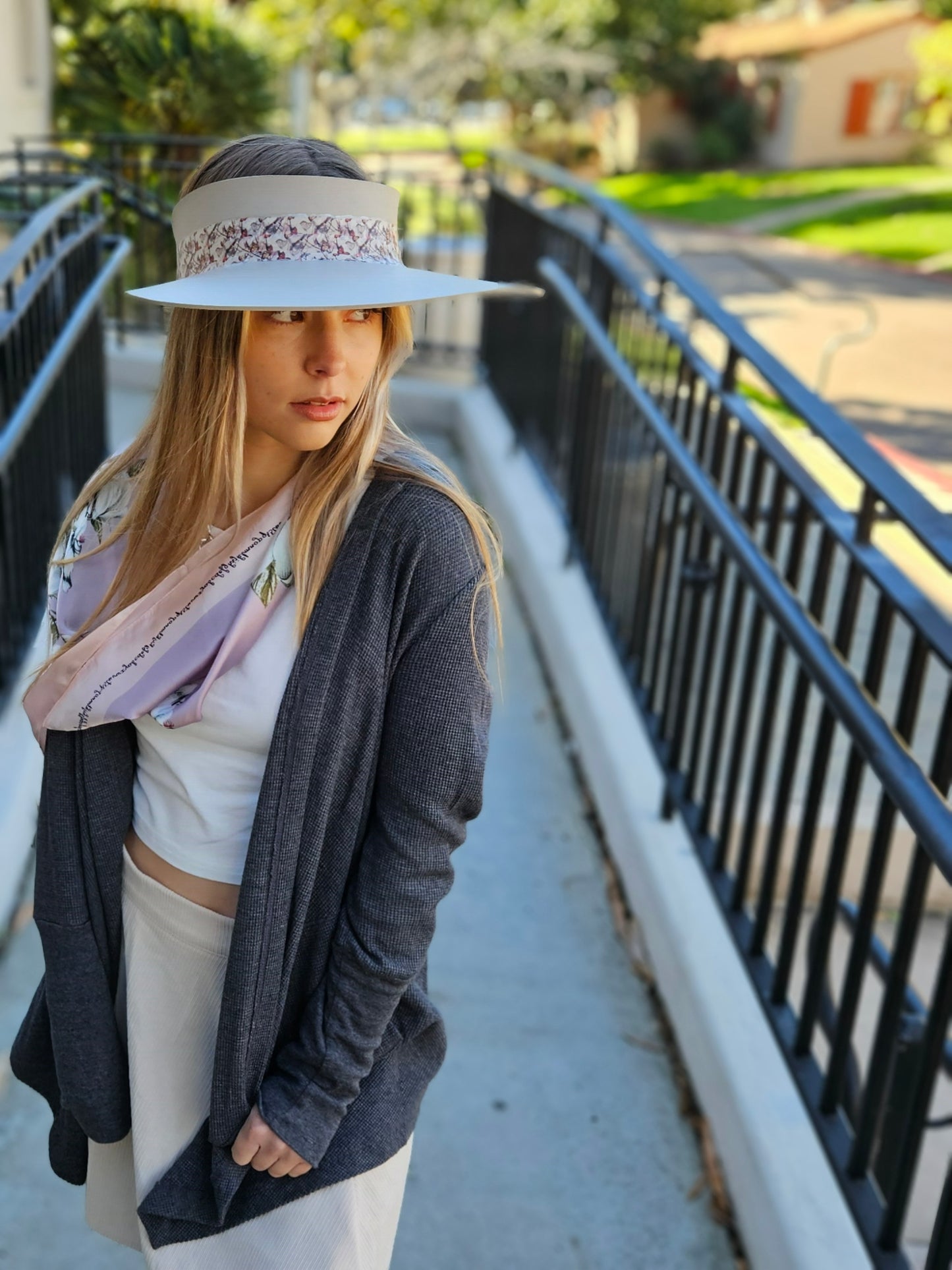 Taupe "LadyEVA" Visor Hat with Multicolor Butterfly Band