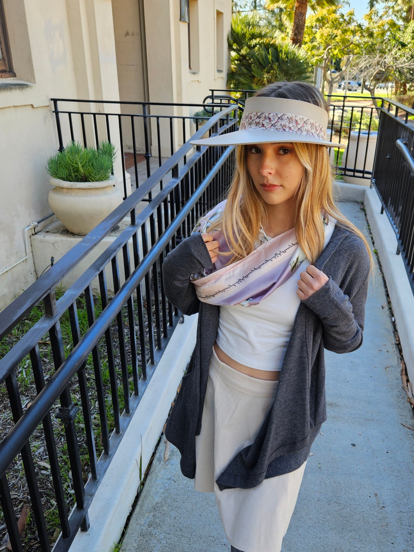 Taupe "LadyEVA" Visor Hat with Multicolor Butterfly Band