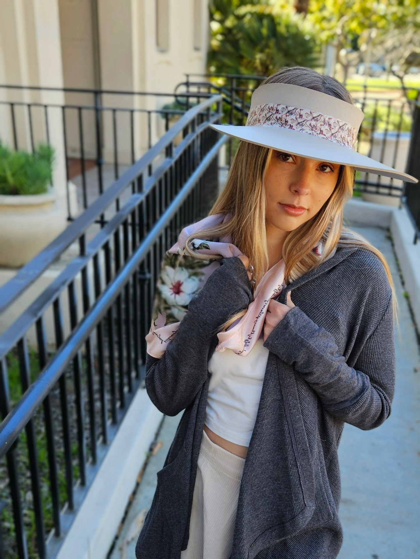 Taupe "LadyEVA" Visor Hat with Multicolor Butterfly Band