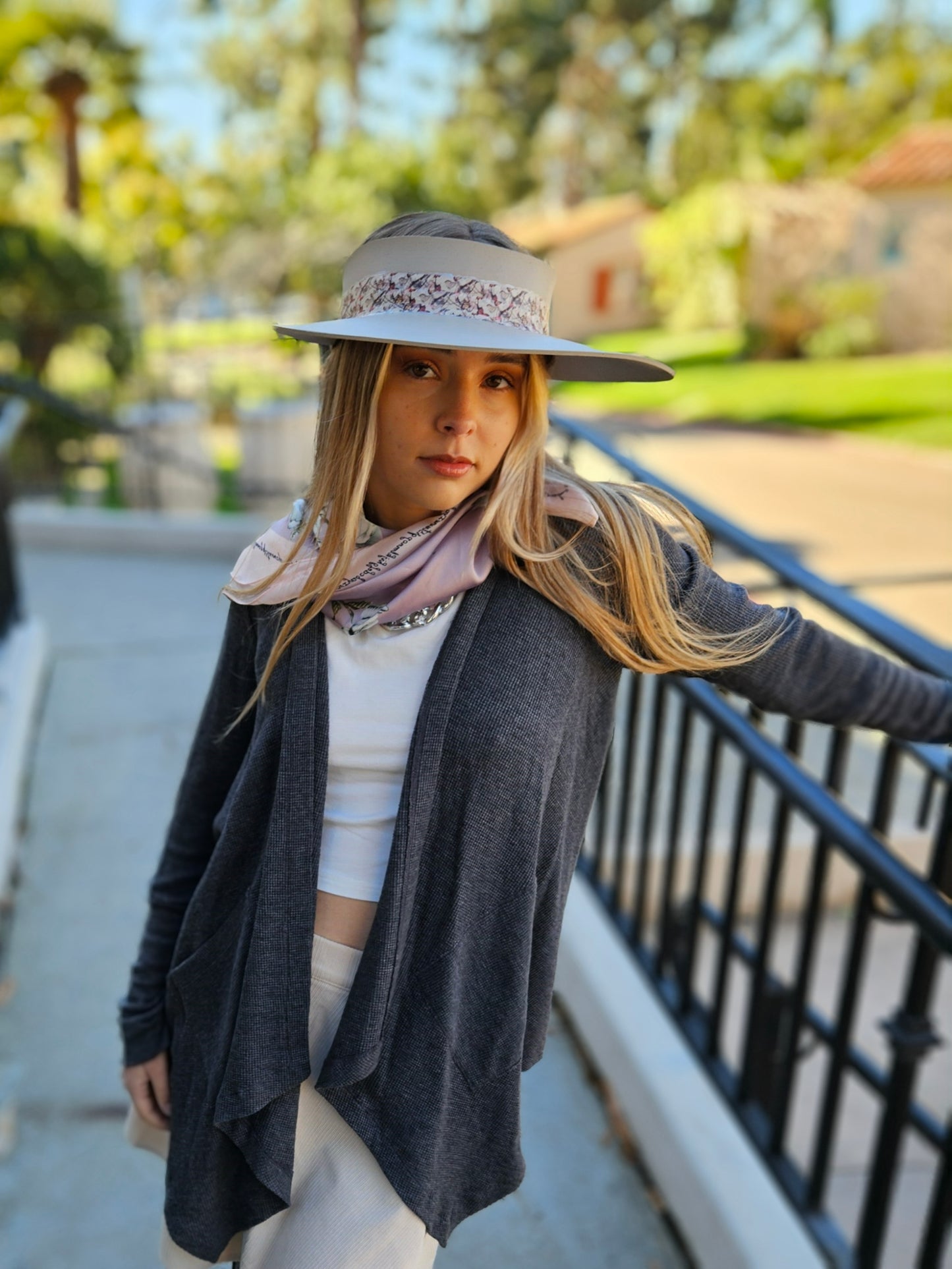 Taupe "LadyEVA" Visor Hat with Multicolor Butterfly Band