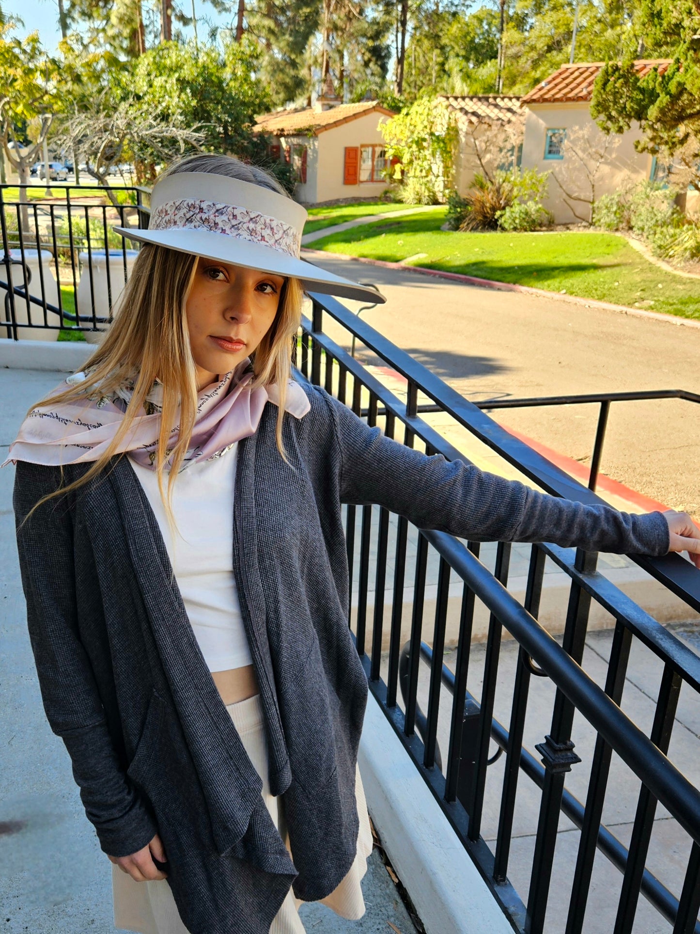 Taupe "LadyEVA" Visor Hat with Multicolor Butterfly Band