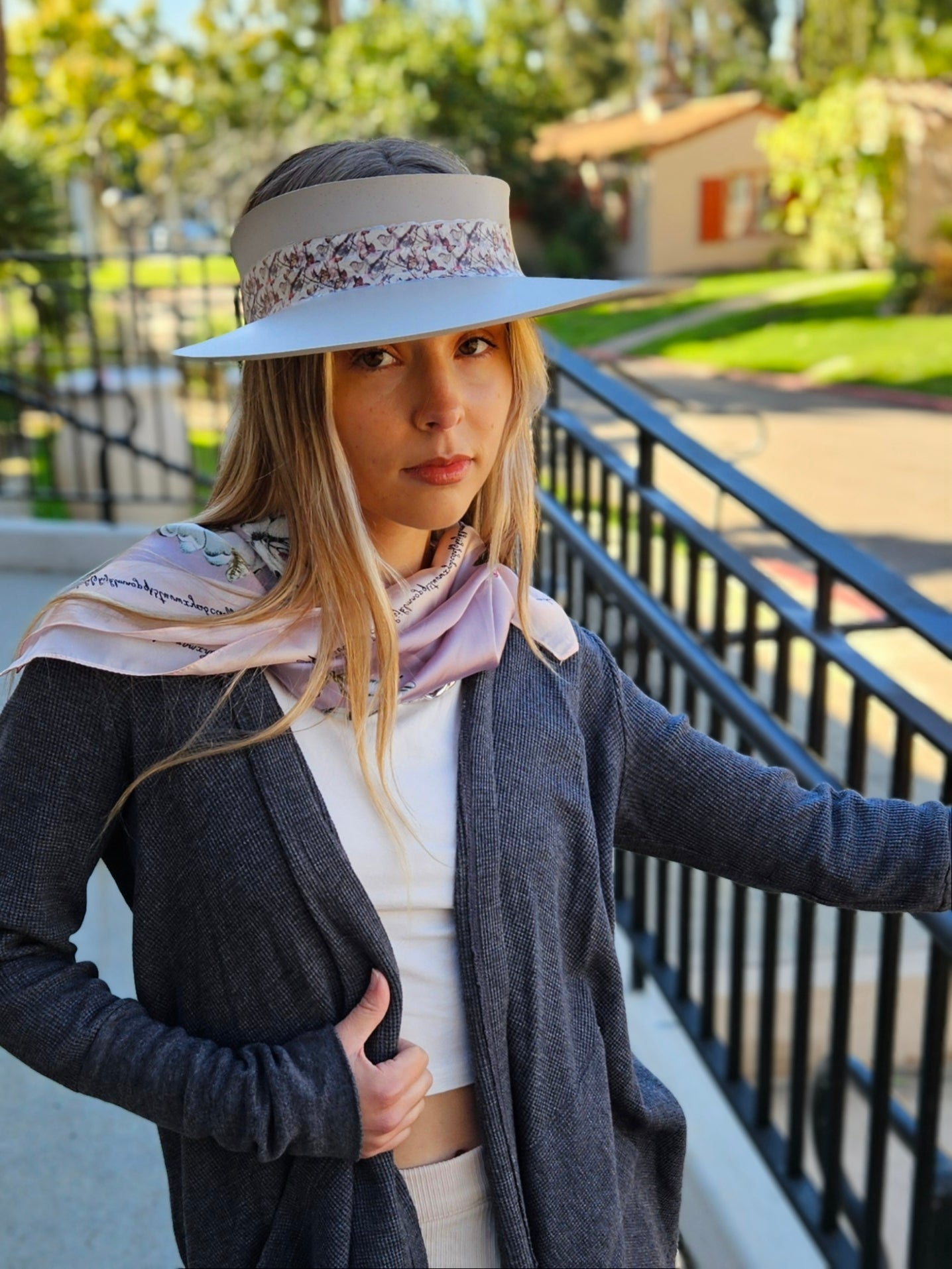 Taupe "LadyEVA" Visor Hat with Multicolor Butterfly Band