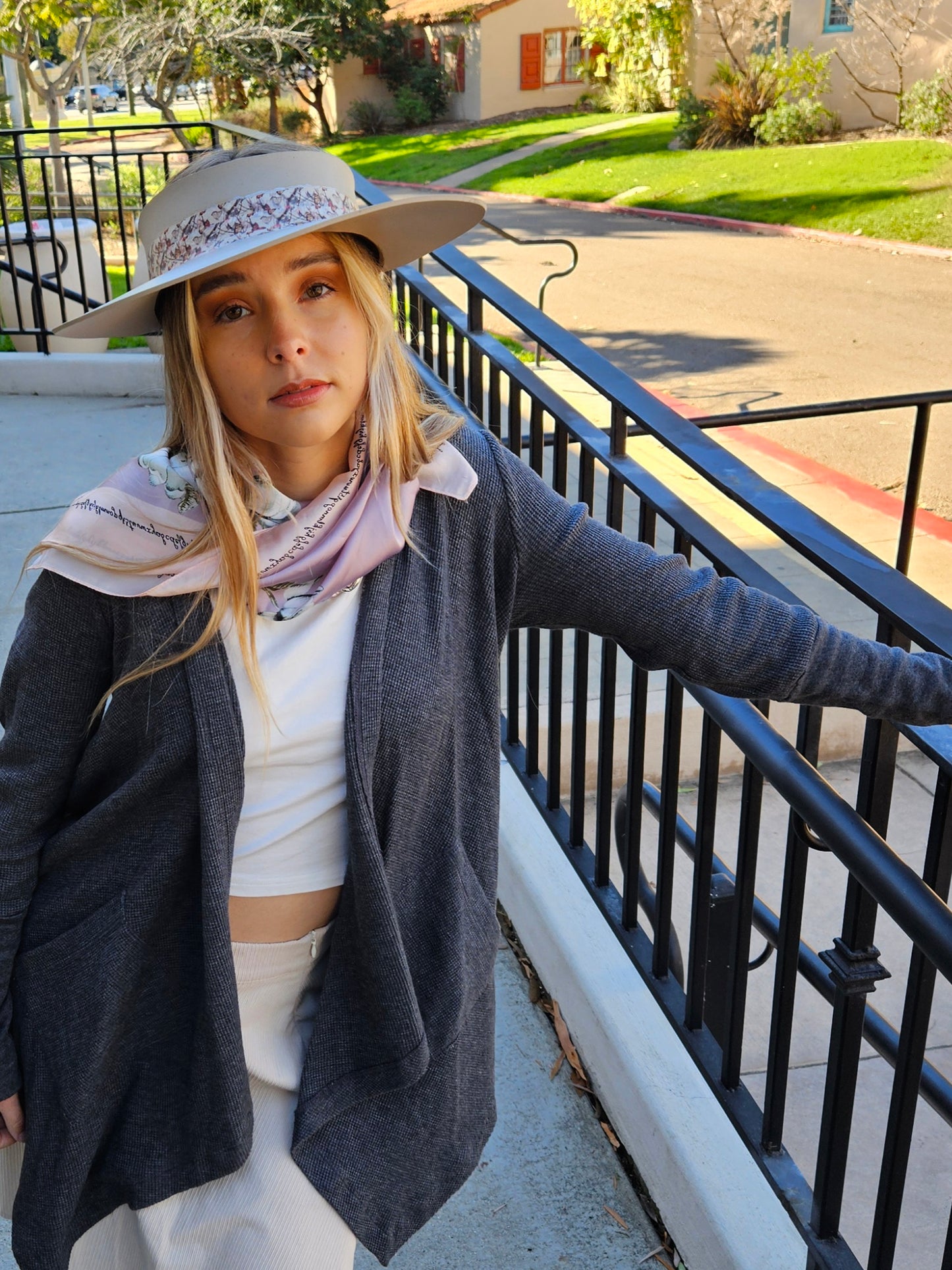 Taupe "LadyEVA" Visor Hat with Multicolor Butterfly Band