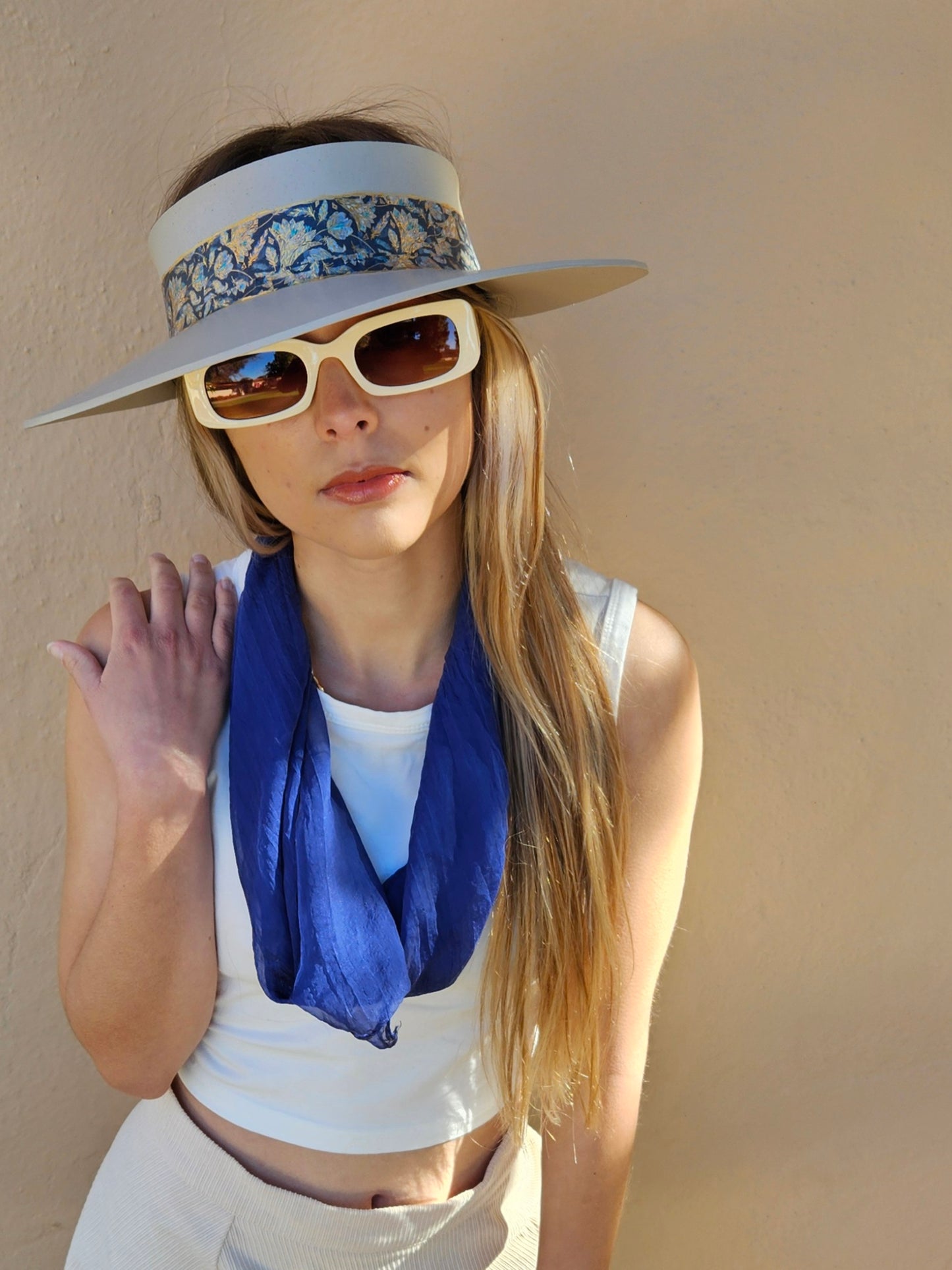 Taupe "LadyEVA" Visor Hat with Navy and Gold Floral Band