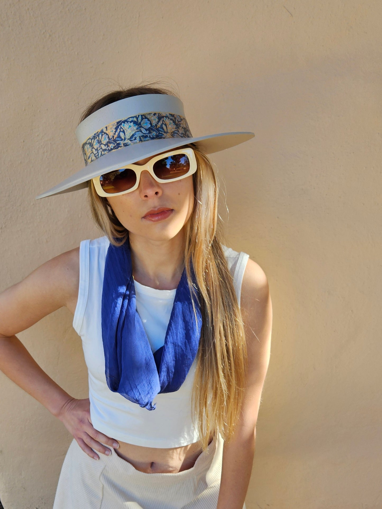 Taupe "LadyEVA" Visor Hat with Navy and Gold Floral Band