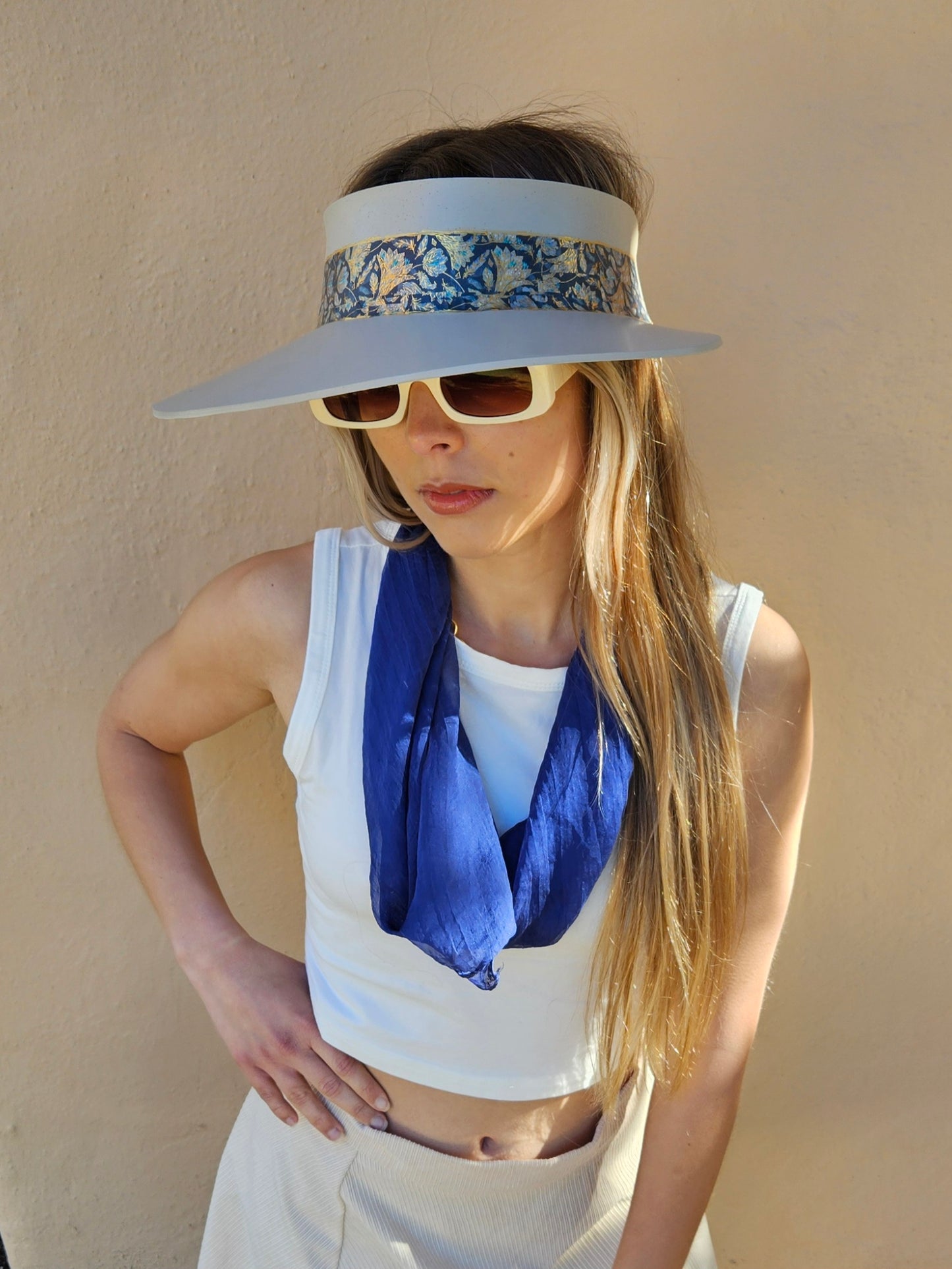 Taupe "LadyEVA" Visor Hat with Navy and Gold Floral Band