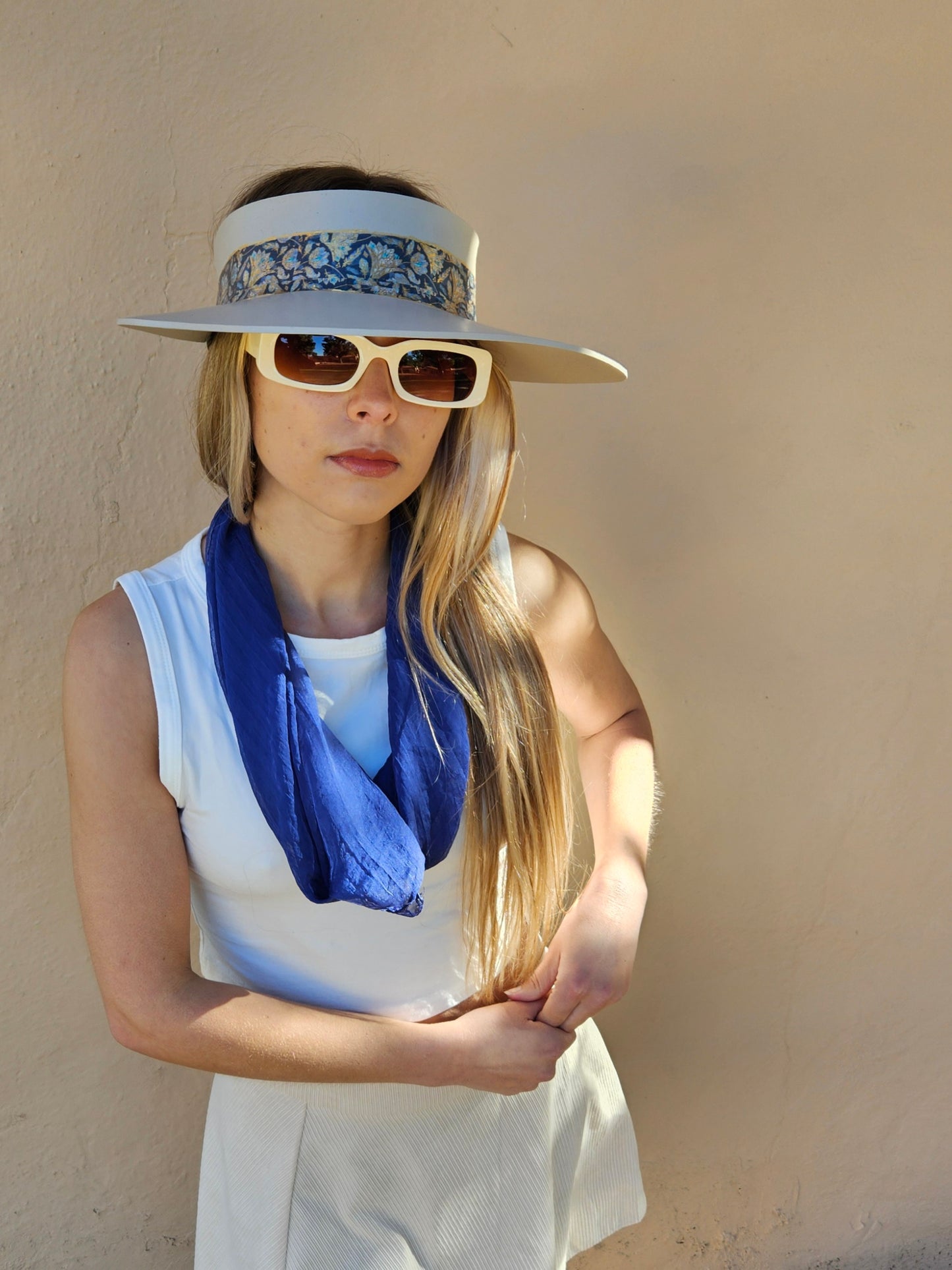 Taupe "LadyEVA" Visor Hat with Navy and Gold Floral Band