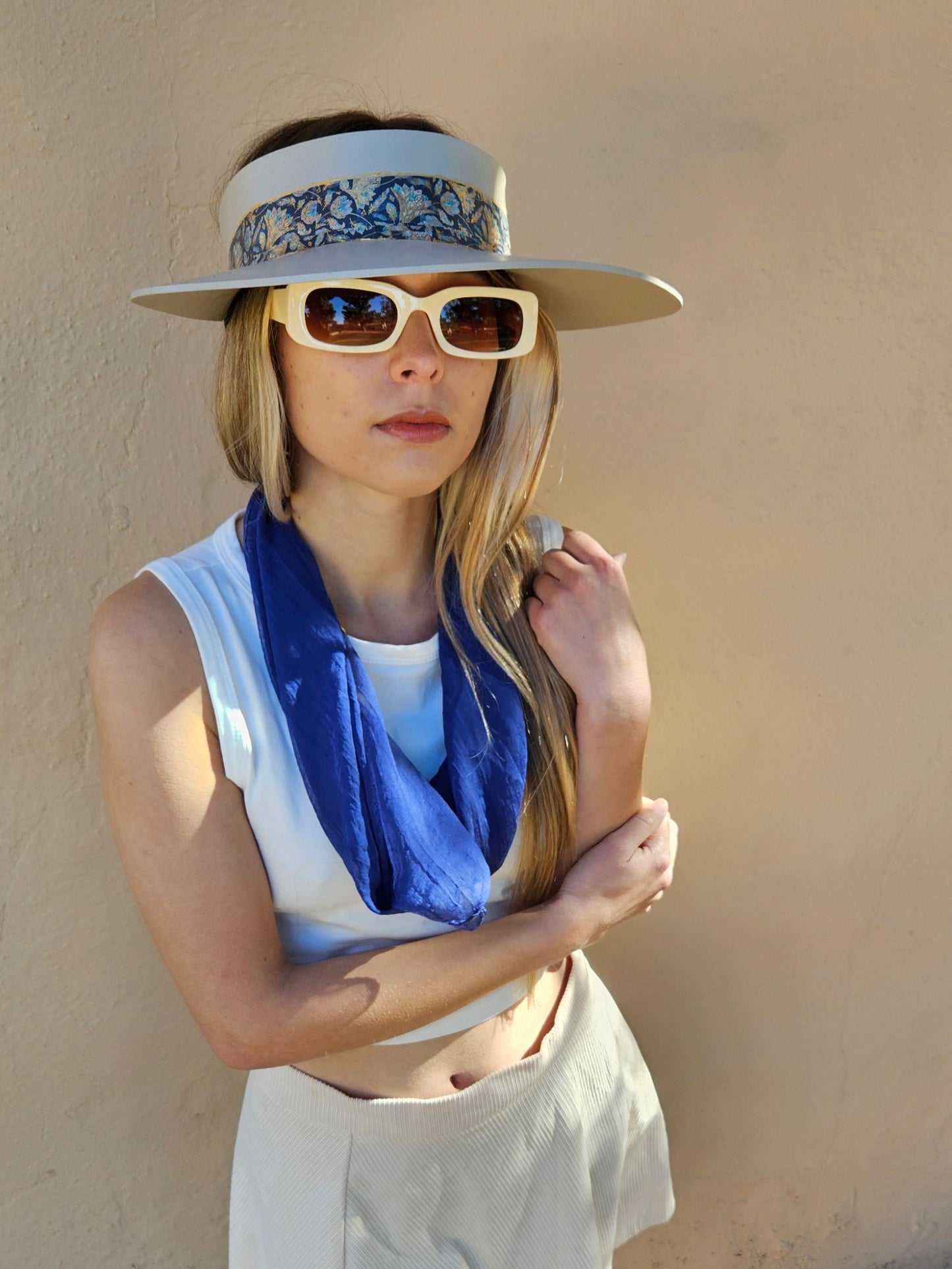 Taupe "LadyEVA" Visor Hat with Navy and Gold Floral Band