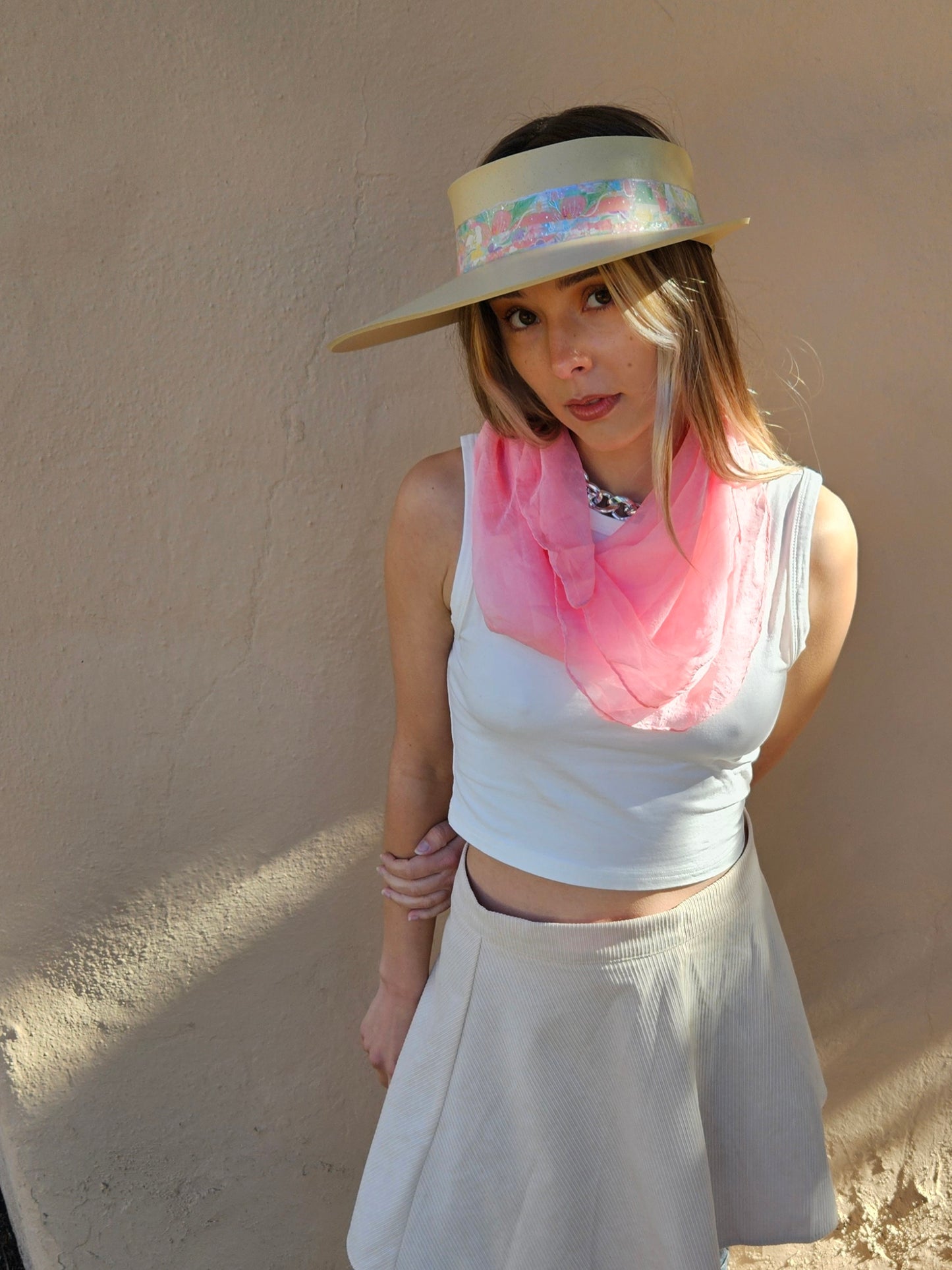 Beige "LadyEVA" Visor Hat with Bright Pastel Multicolor Floral Band