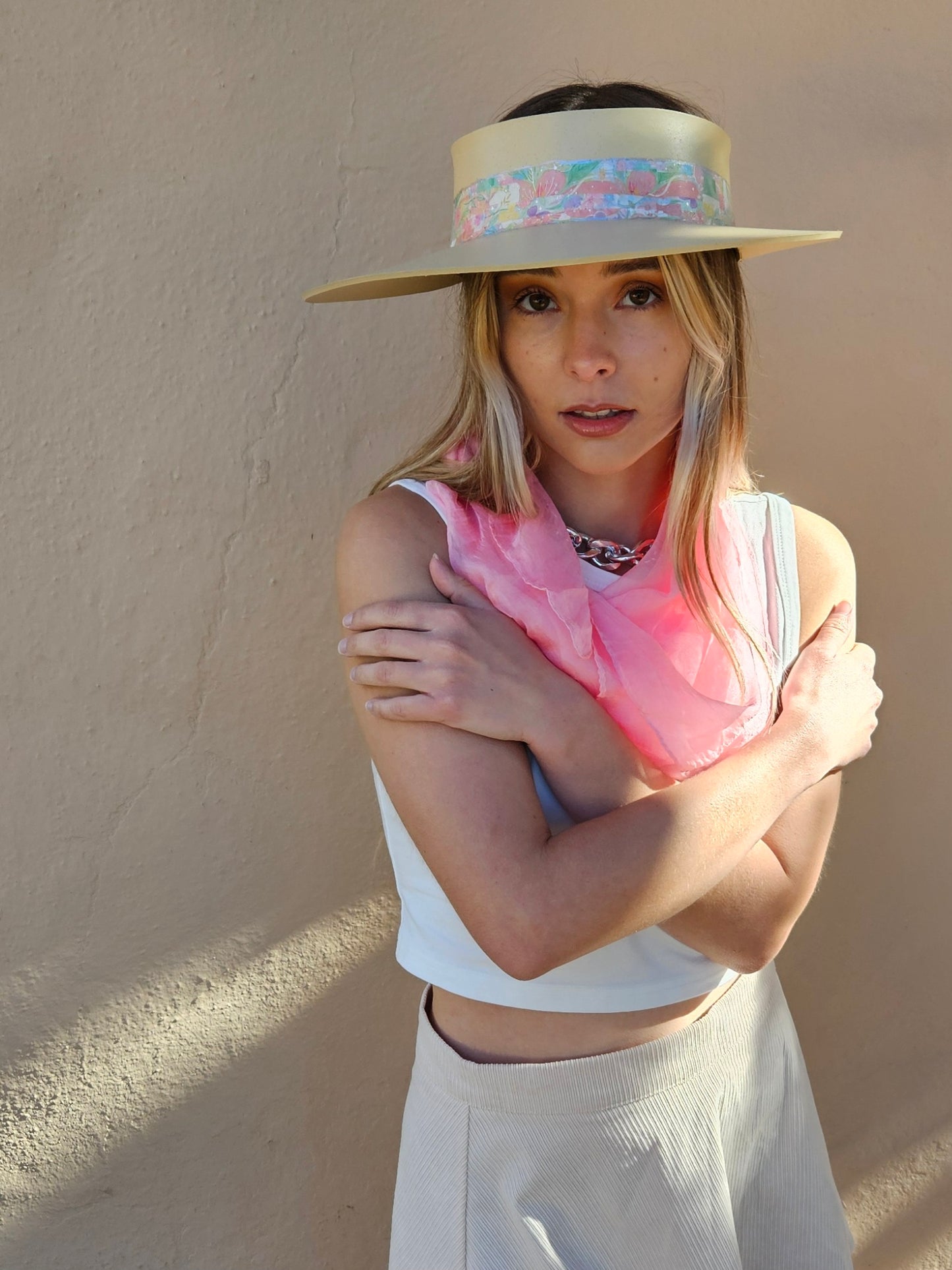 Beige "LadyEVA" Visor Hat with Bright Pastel Multicolor Floral Band