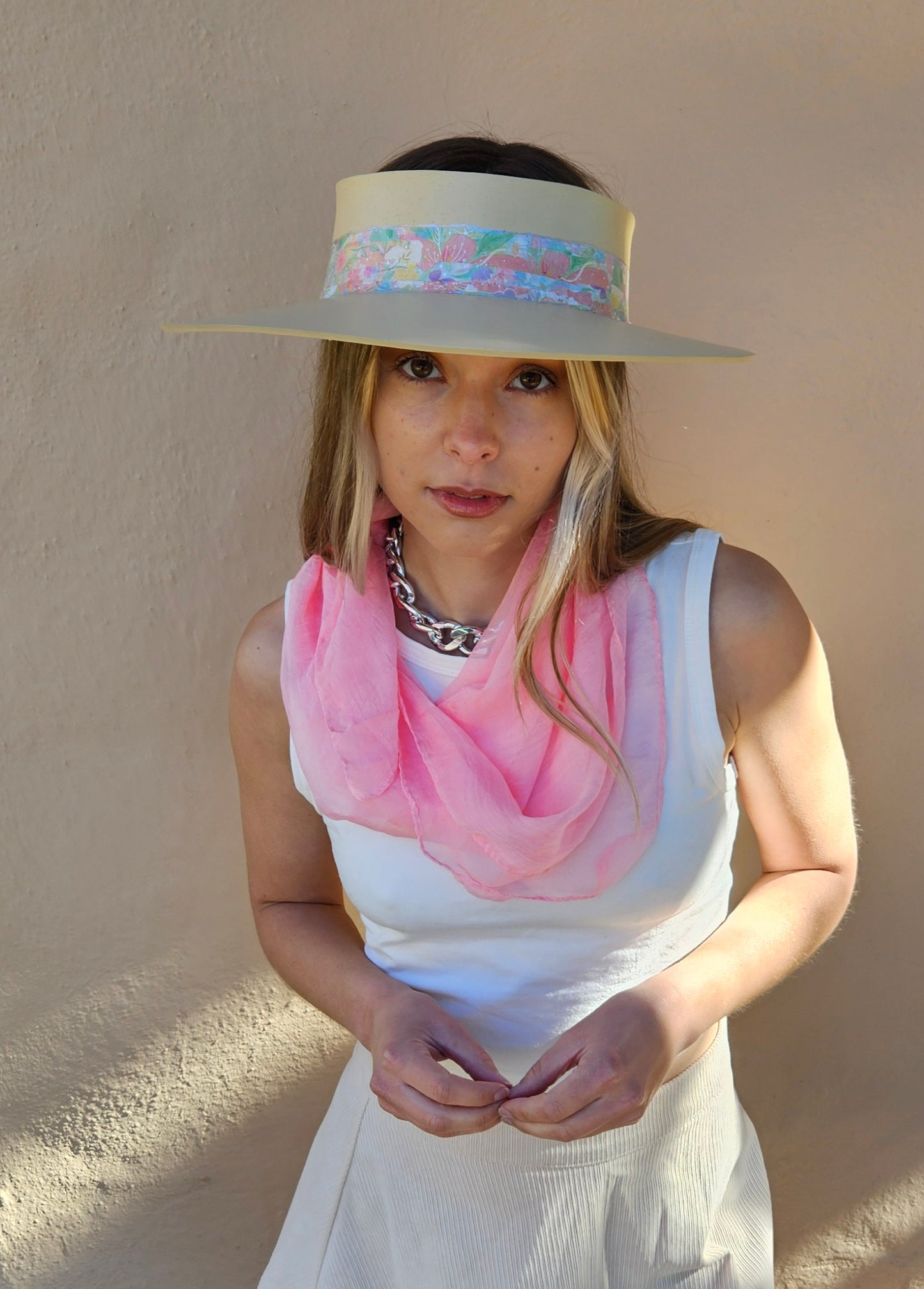 Beige "LadyEVA" Visor Hat with Bright Pastel Multicolor Floral Band