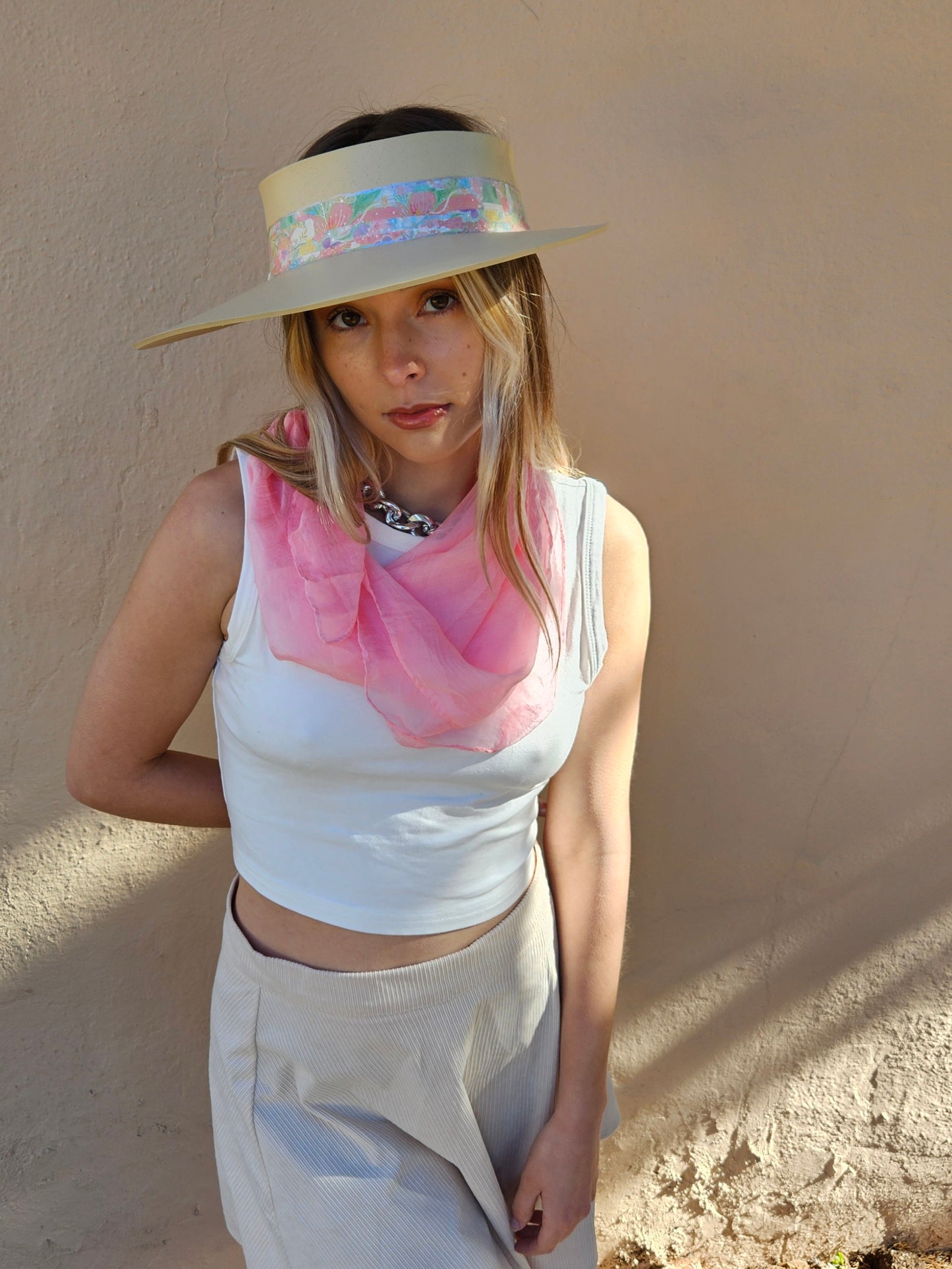 Beige "LadyEVA" Visor Hat with Bright Pastel Multicolor Floral Band