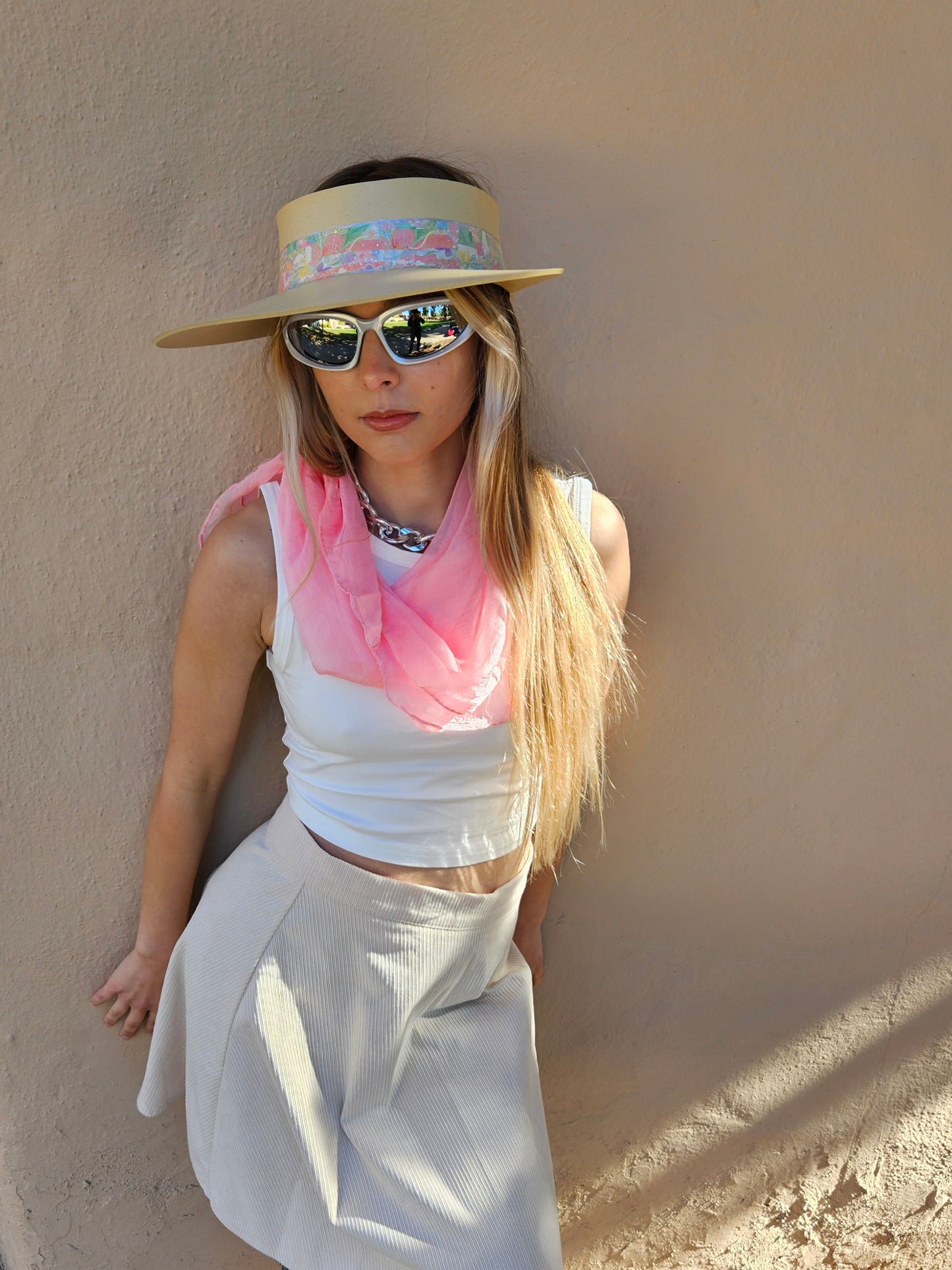 Beige "LadyEVA" Visor Hat with Bright Pastel Multicolor Floral Band