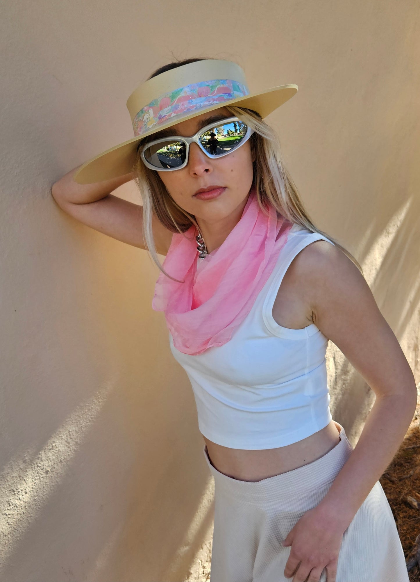 Beige "LadyEVA" Visor Hat with Bright Pastel Multicolor Floral Band