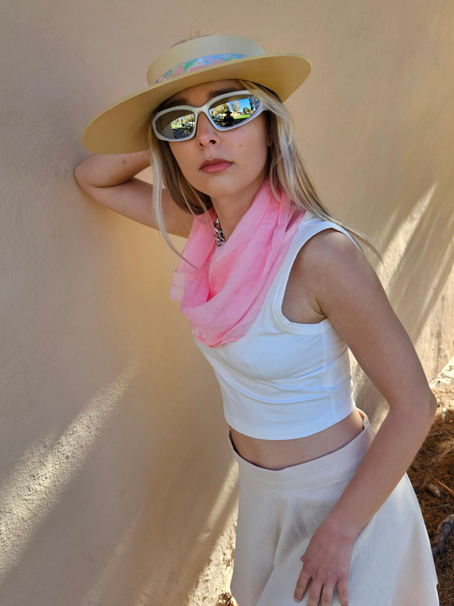 Beige "LadyEVA" Visor Hat with Bright Pastel Multicolor Floral Band