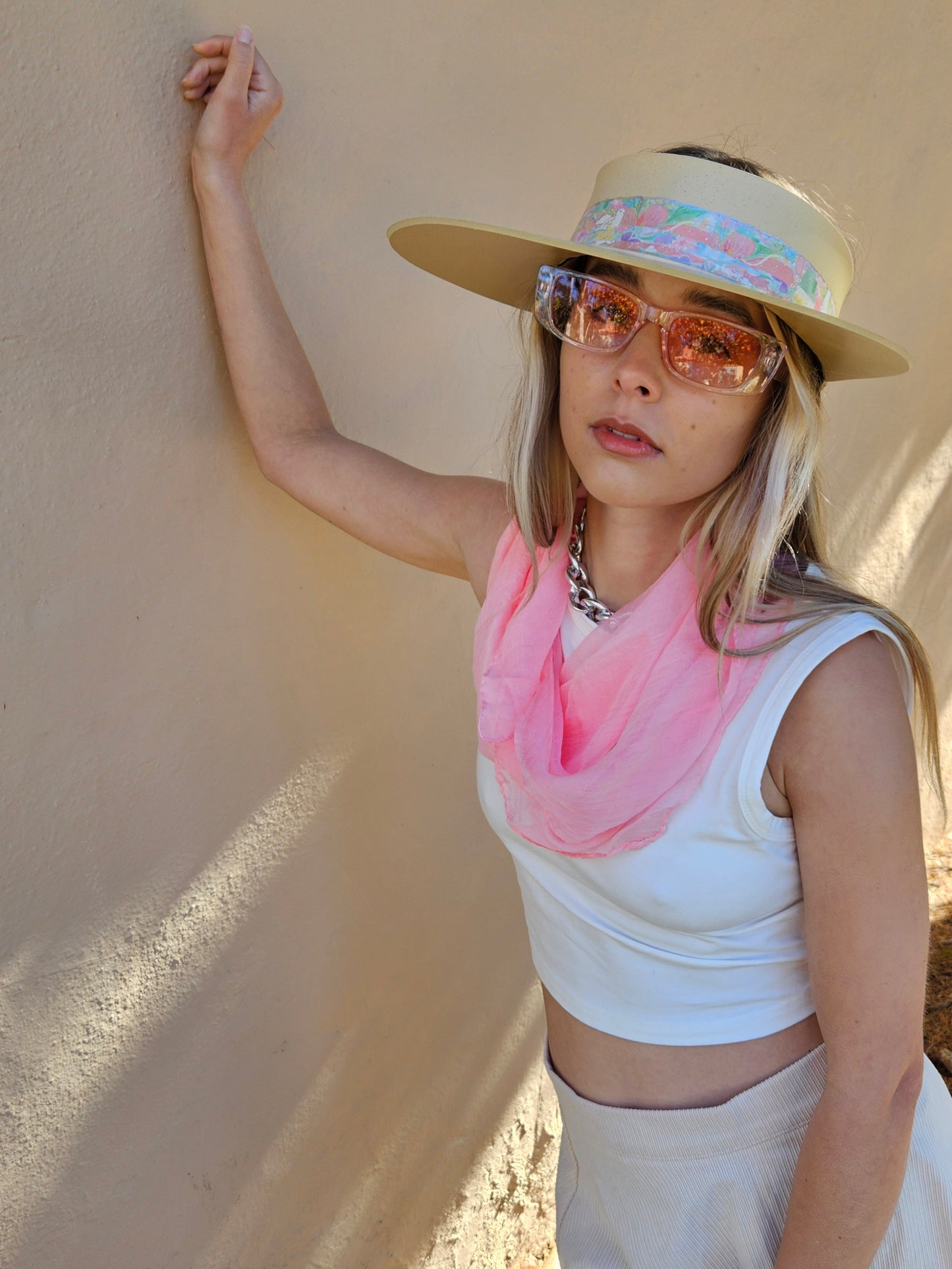 Beige "LadyEVA" Visor Hat with Bright Pastel Multicolor Floral Band