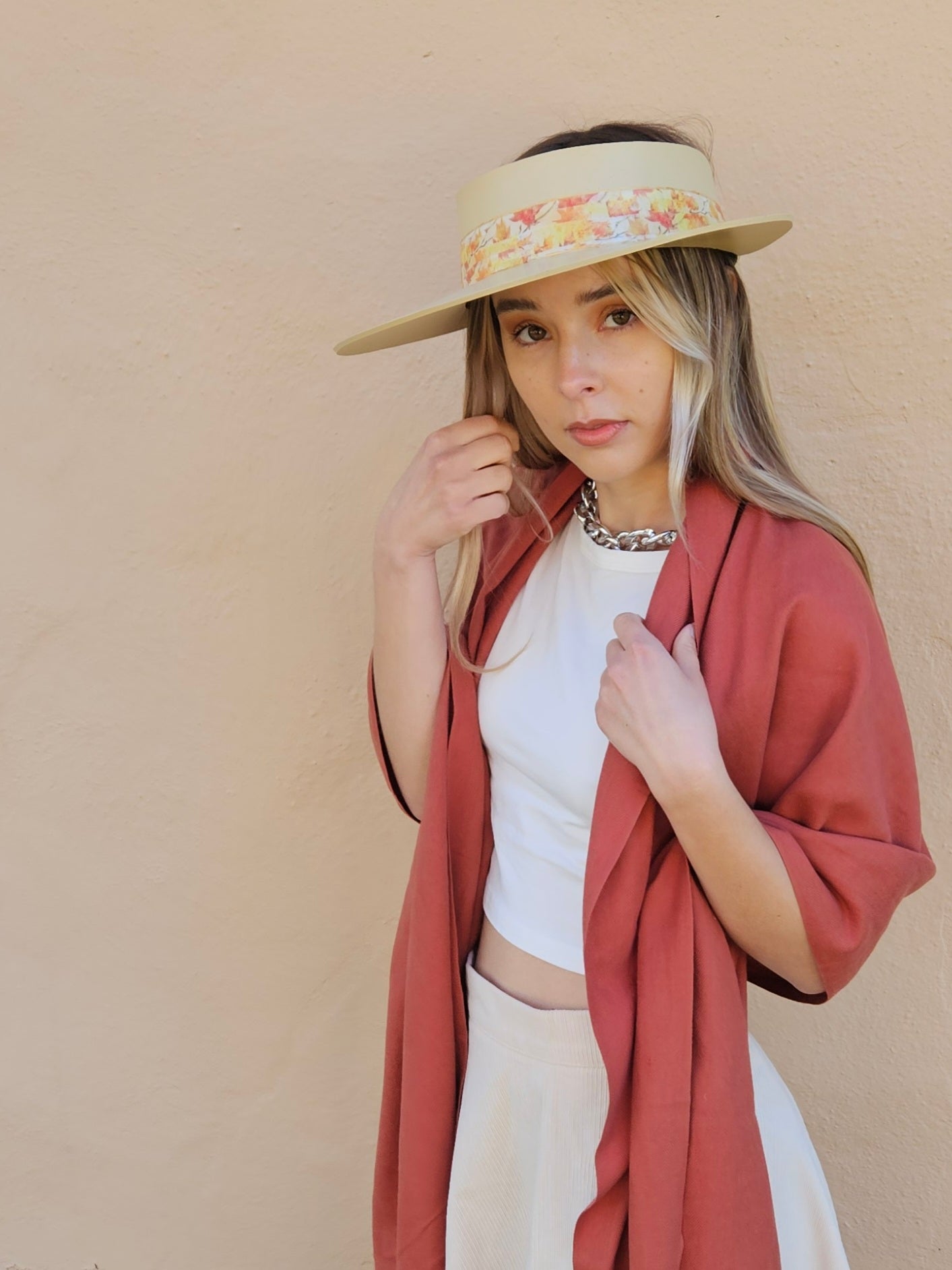 Beige "LadyEVA" Visor Hat with Orange Leaf Band