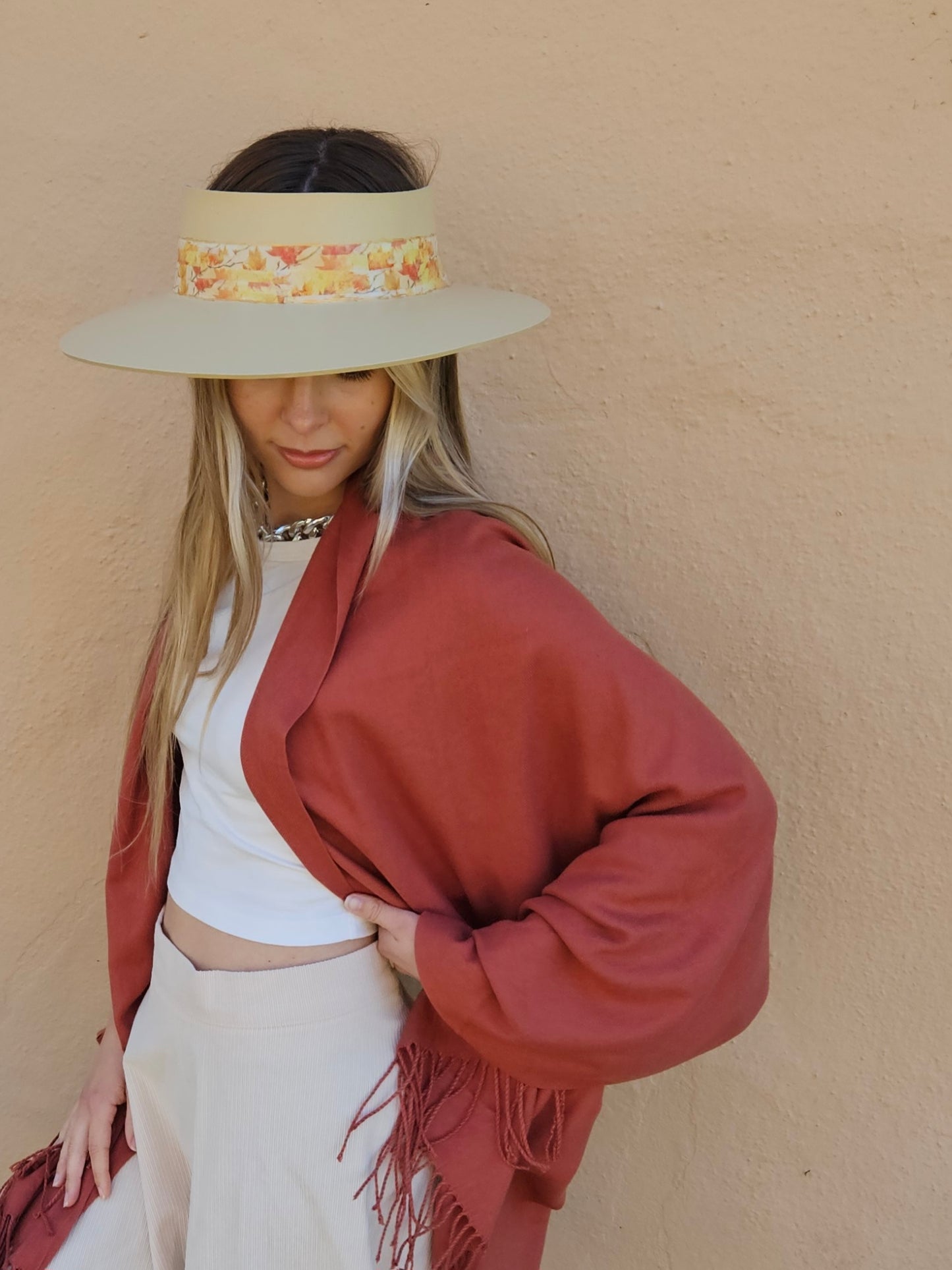 Beige "LadyEVA" Visor Hat with Orange Leaf Band