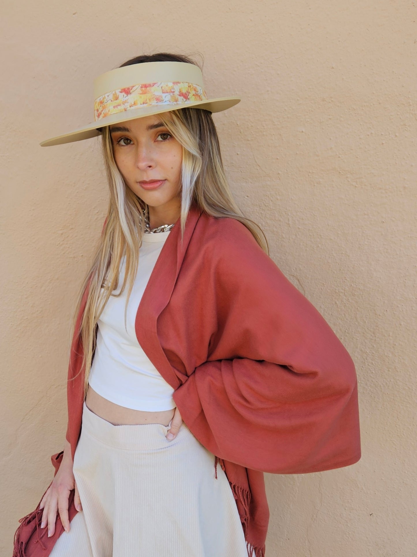 Beige "LadyEVA" Visor Hat with Orange Leaf Band